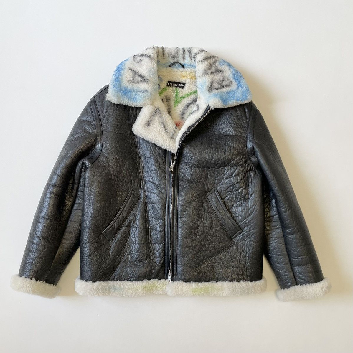 Balenciaga Black Leather ‘Graffiti’ Shearling Jacket Size US M / EU 48-50 / 2 - 1 Thumbnail