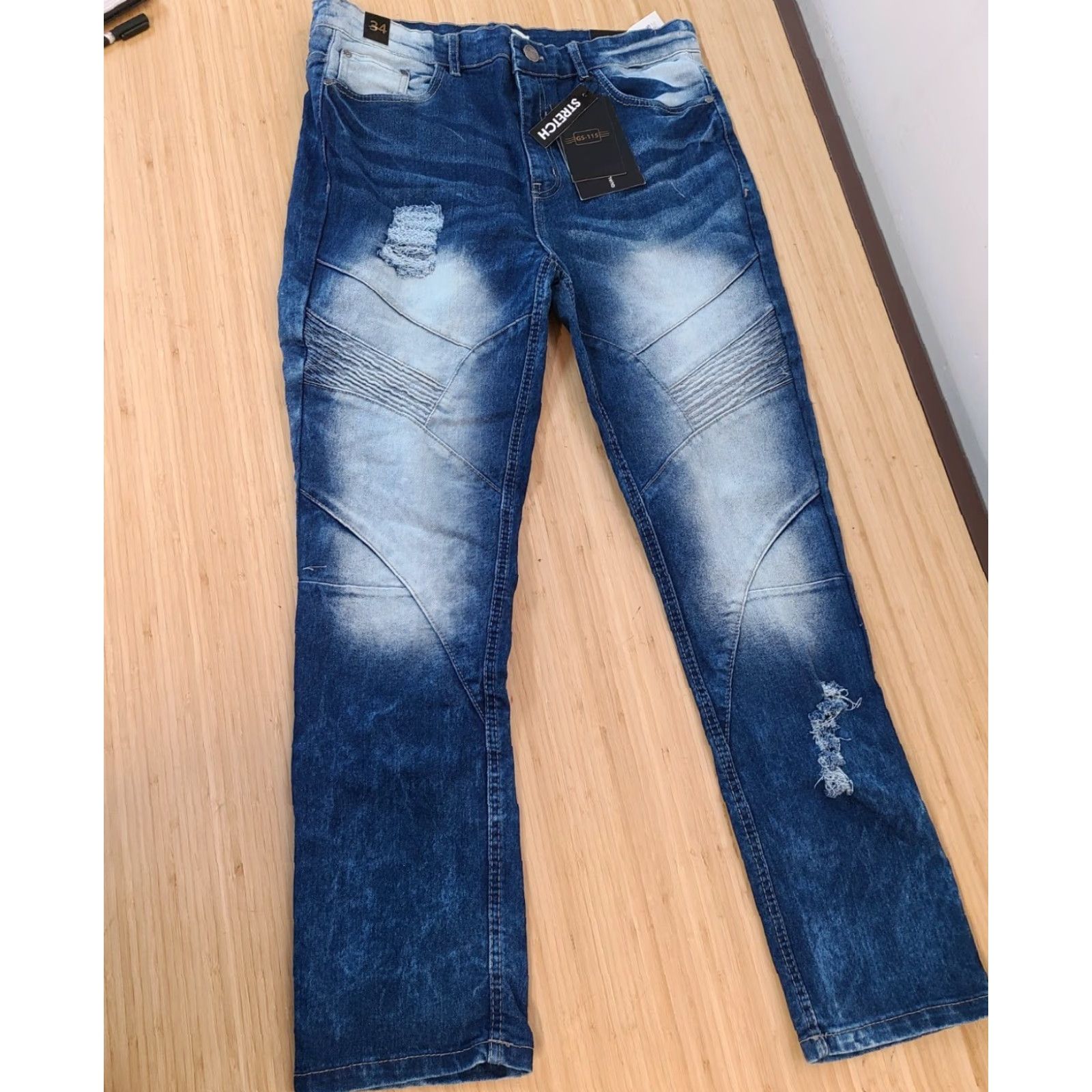 Denime GS-115 Premium Denim Jeans Pants Mens Size 34 X 30 Stretch Blue Distressed Straight Jeans Mens 34x30 Blue Distressed Embroidered Pockets Cotton Denim Size US 34 / EU 50 - 3 Thumbnail