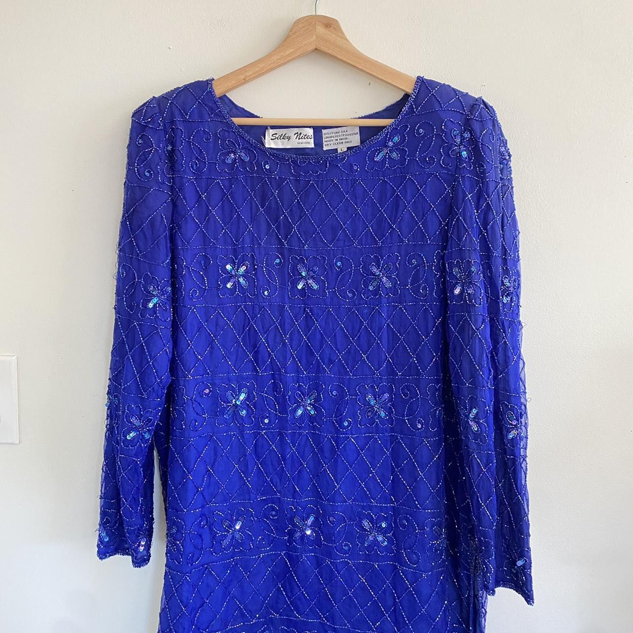 Vintage SILKY NITES VINTAGE BLUE SILK SEQUIN MINI DRESS LARGE Size L / US 10 / IT 46 - 2 Thumbnail