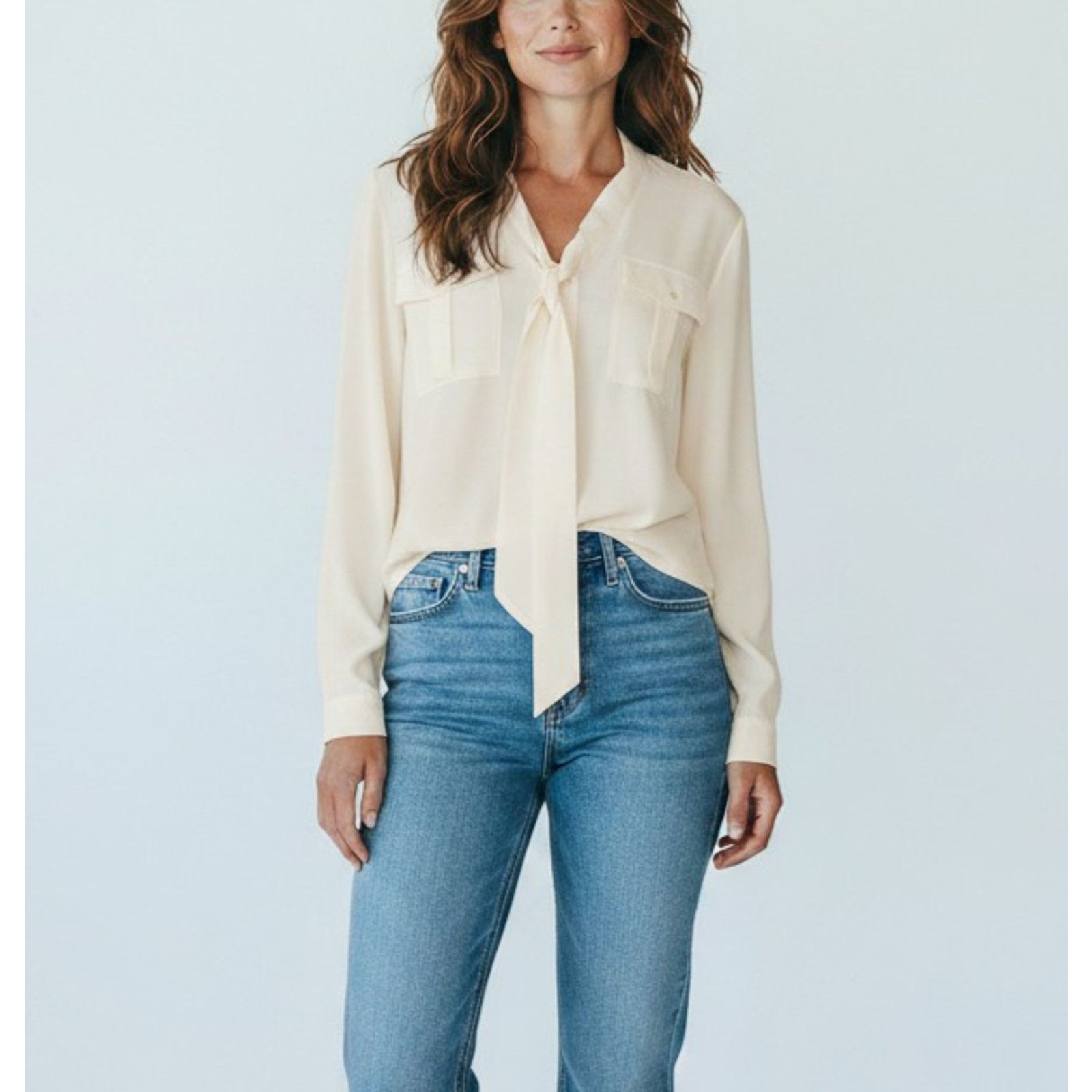 Lauren Ralph Lauren RALPH LAUREN Ivory Tie Neck Front Pockets Blouse Size XL Size XL / US 12-14 / IT 48-50 - 1 Thumbnail
