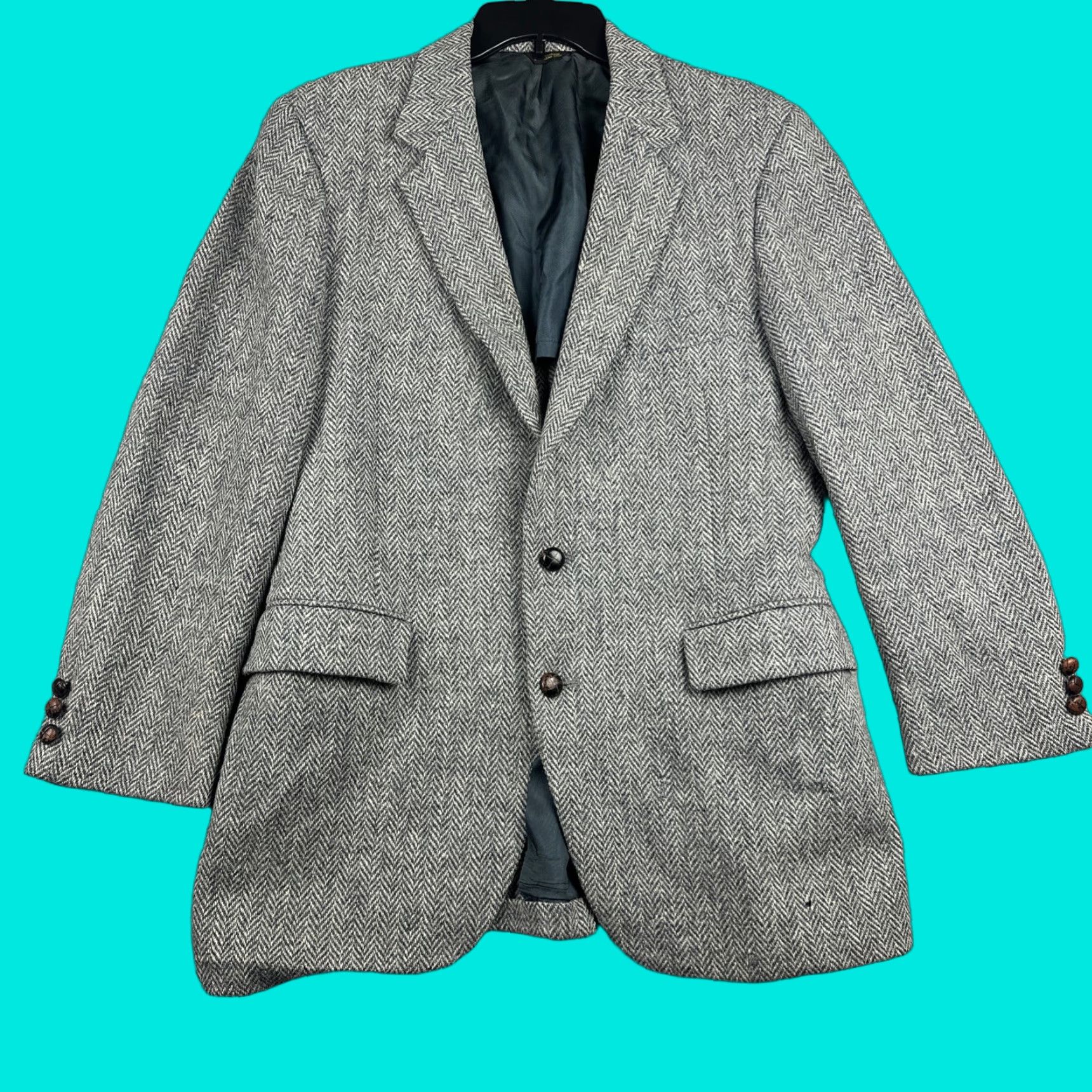 Harris Tweed VTG Harris Tweed Blazer Men 40R Gray Herringbone Wool Coat, Three-Button, Single-Breasted, Notch Lapel, Dry Clean Only, Vintage, 40R Mens Jacket Size 40R - 1 Thumbnail