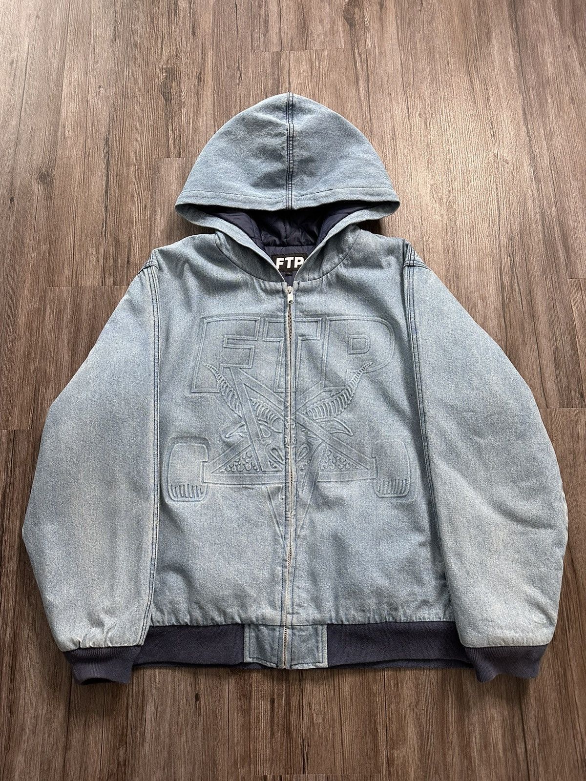 image of Ftp X Thrasher Hooded Denim Jacket Size Large in Blue, Men's