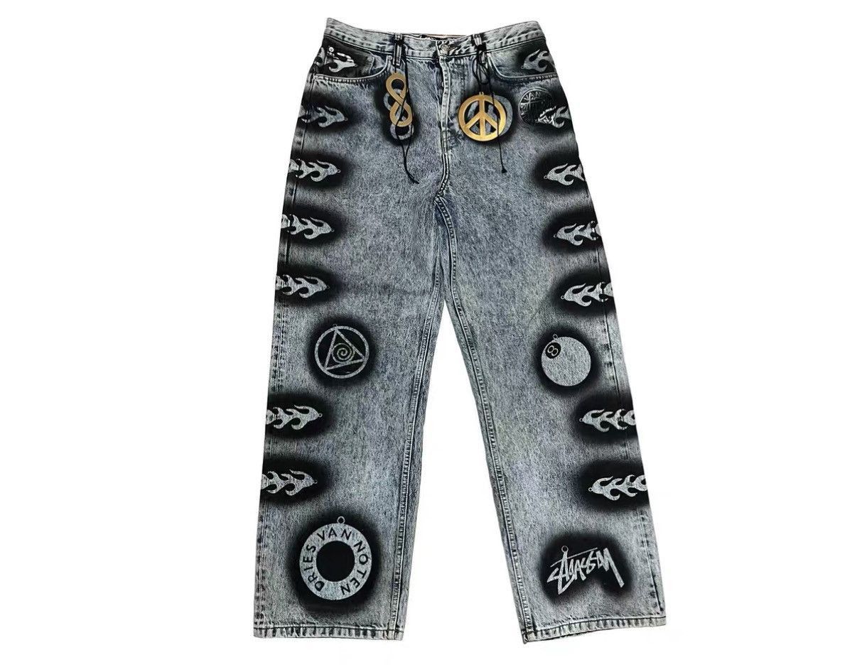 Dries Van Noten Blue Denim Jeans w/ Flame & Symbol Prints Size 32 Size US 32 / EU 48 - 1 Thumbnail