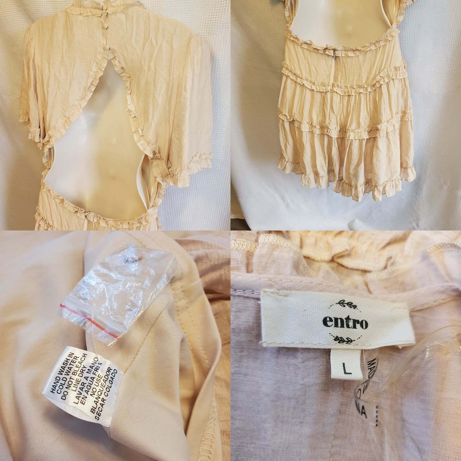 Vintage Entro Womens L Tiered Backless Mini Dress Boho Pink Lined V-Neck Bell Sleeve Button Zipper Size L / US 10 / IT 46 - 8 Thumbnail