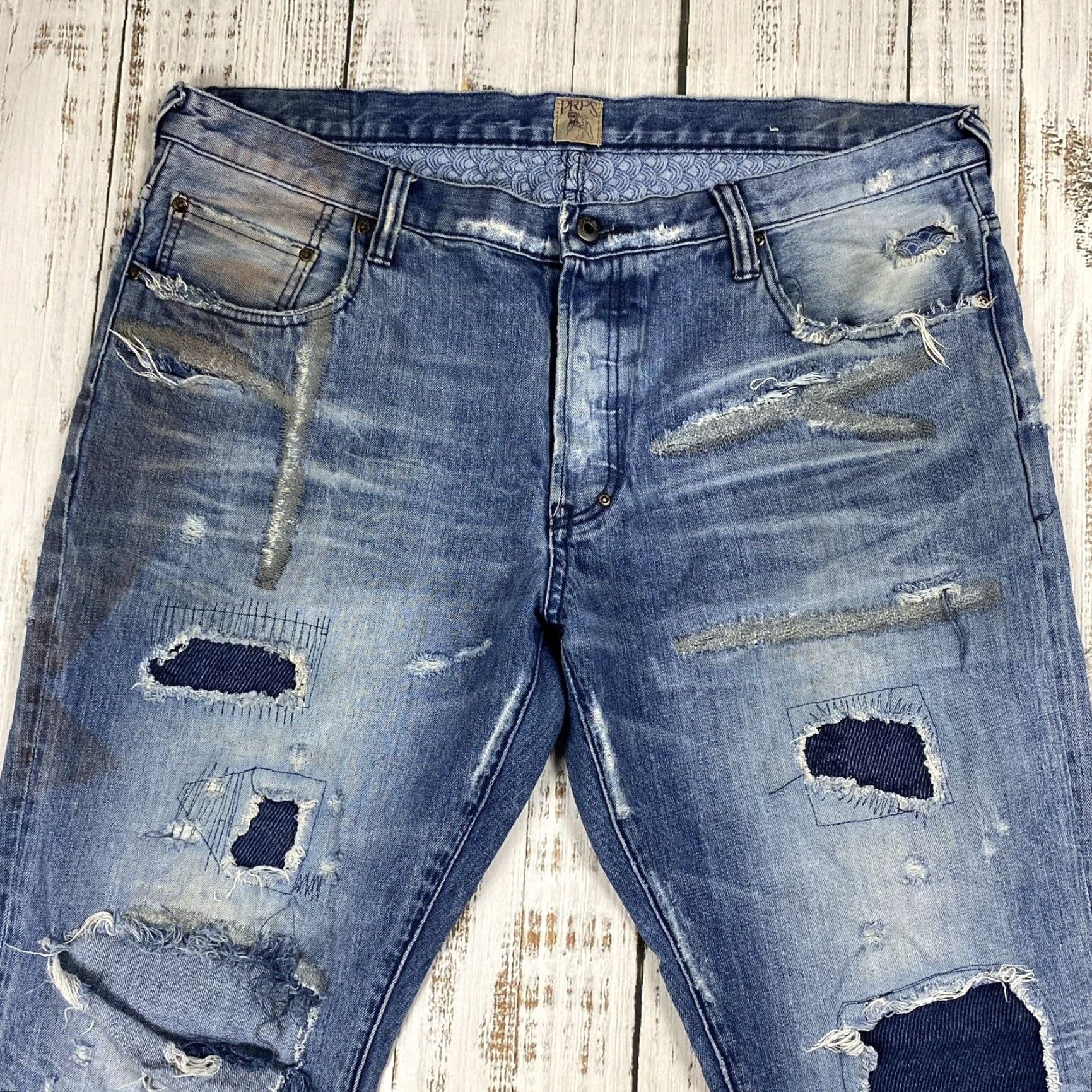 Prps VINTAGE PRPS Distressed Patch Repair Straight Leg Jeans Men Size 40 Blue Denim 2013 Release Size US 40 / EU 56 - 2 Thumbnail