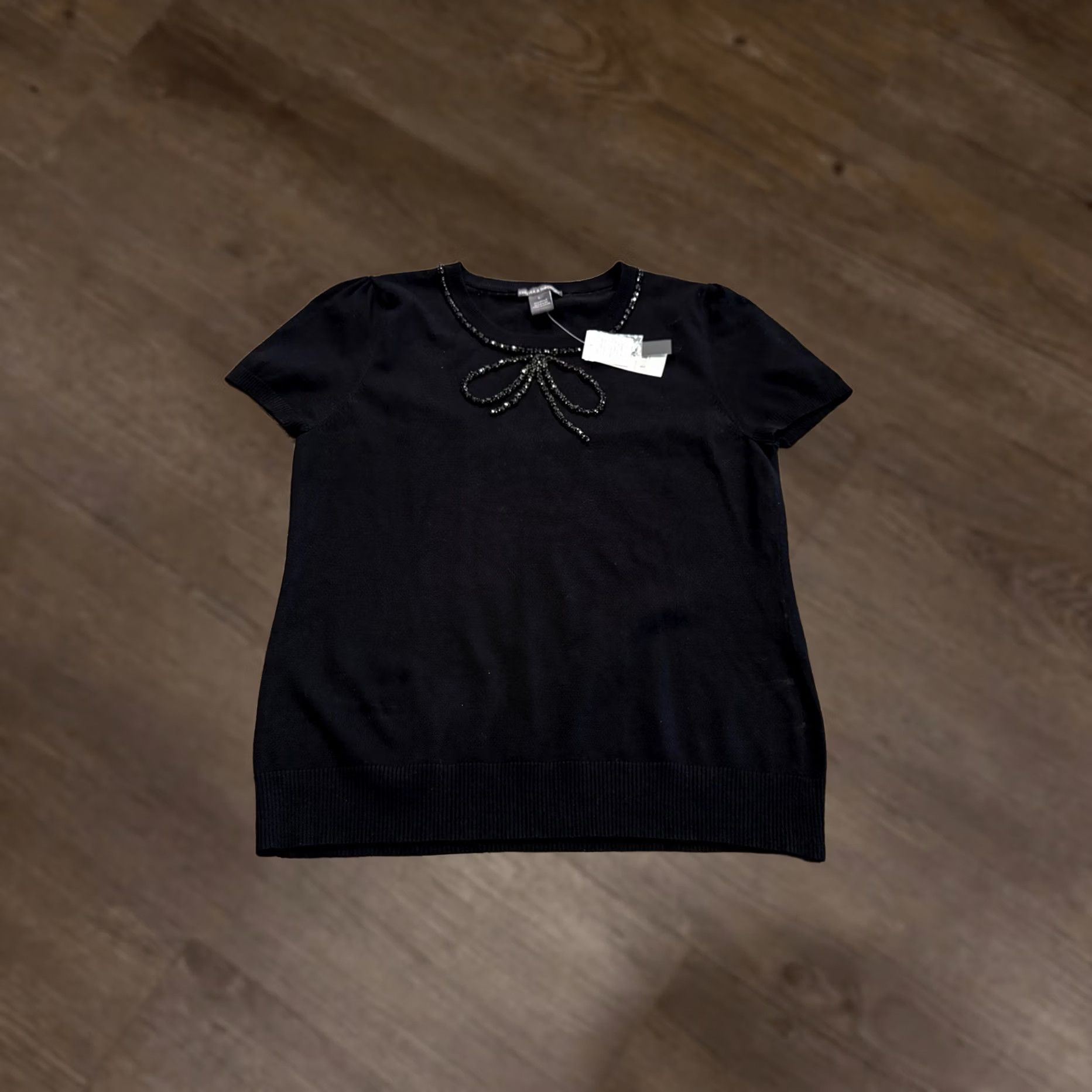 Chelsea & Theodore Womens Black Bow Tie Fixture Short Sleeve Shirt L, Women's