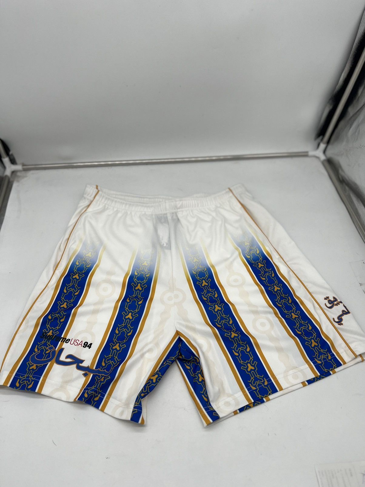 image of Supreme Arabic Logo Soccer Shorts White Ss21 Ny Blue Medium, Men's (Size 30)