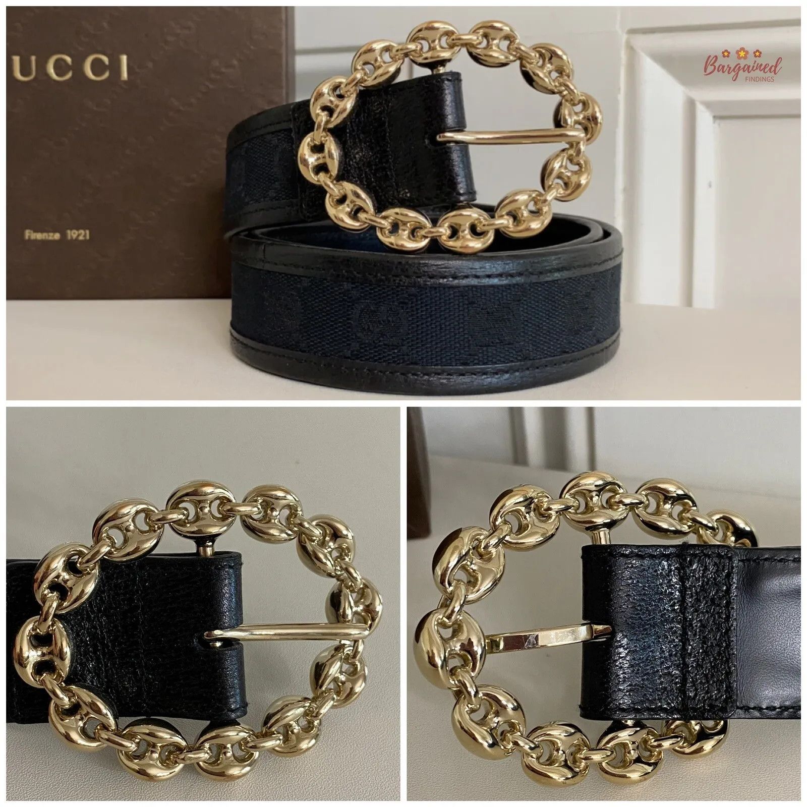 Gucci Gucci Black Monogram Canvas Leather Gold Chain Buckle Belt Size 30 - 5 Thumbnail