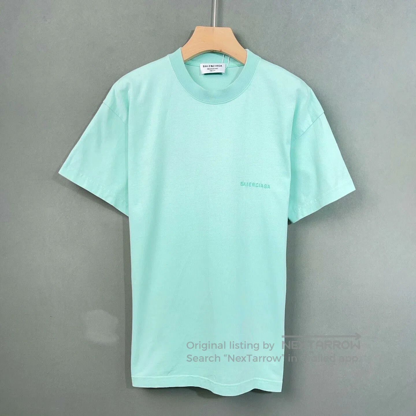 Balenciaga Mint Green Cotton Embroidered Logo Tee.