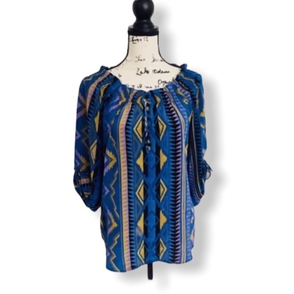 Other Yumi Kim 100% Silk Geometric Peasant Blouse Blue Mustard Pri Size S / US 4 / IT 40 - 2 Thumbnail