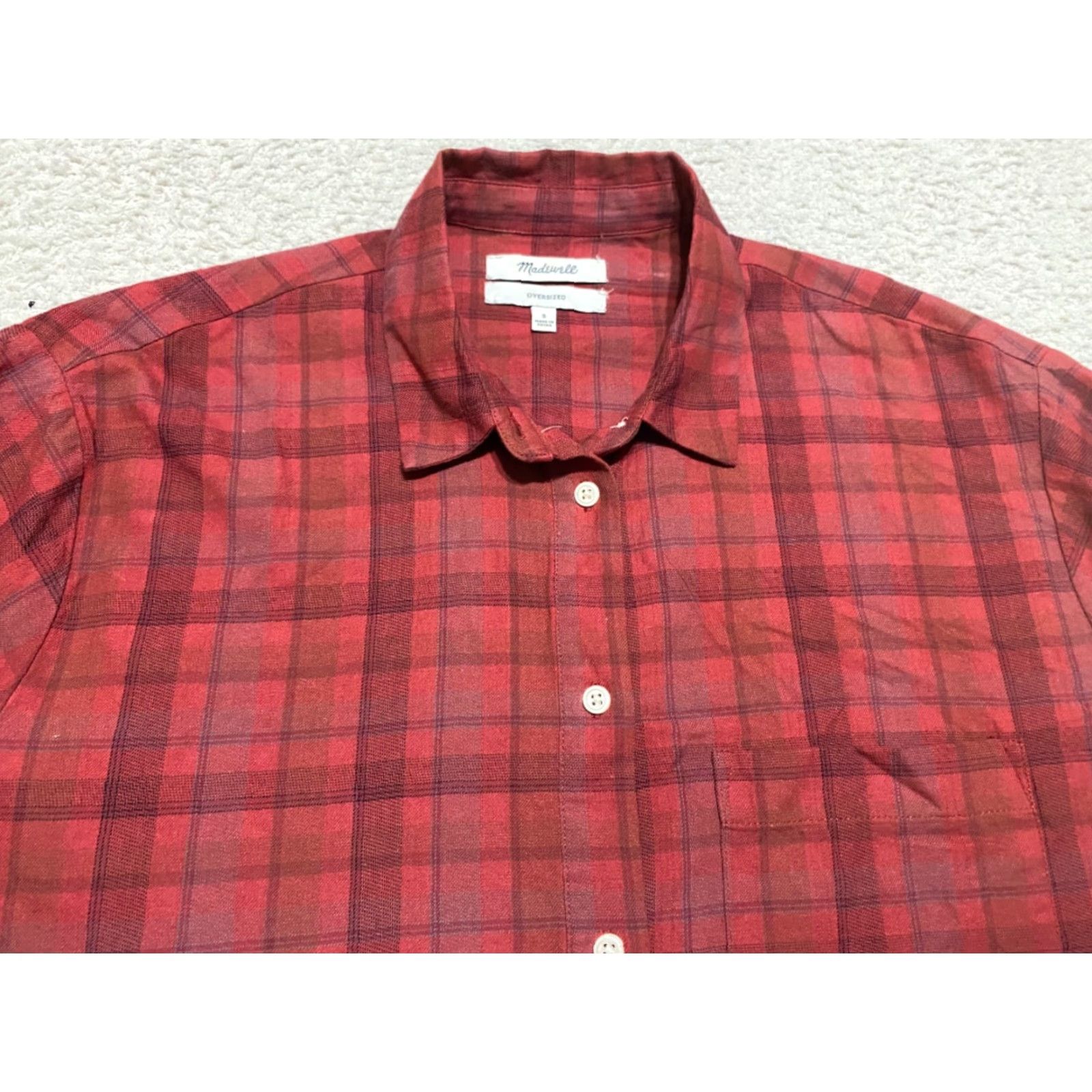Madewell Madewell Shirt Womens Small Red Plaid Check Long Sleeve Oversized Button-Up Casual Blouse - Regular Fit, 100% Cotton, Fall Spring Summer Winter Size S / US 4 / IT 40 - 3 Thumbnail