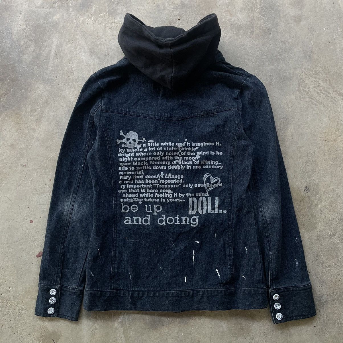 14th Addiction 2000s LIZ LISA DOLL GOTHIC PUNK SKULL POEM JACKET DENIM HOOD Size XS / US 0-2 / IT 36-38 - 1 Thumbnail