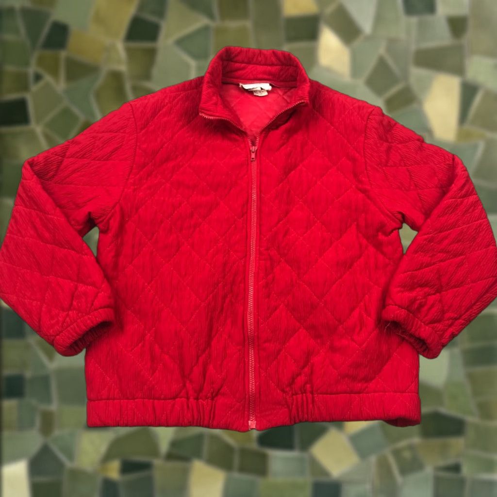 Vintage Susan Graver Womens Quilted Jacket Medium Red Pockets Shoulder Pads Zip Up Casual Synthetic Polyester Jacket Winter Fall Spring Summer Size M / US 6-8 / IT 42-44 - 1 Thumbnail