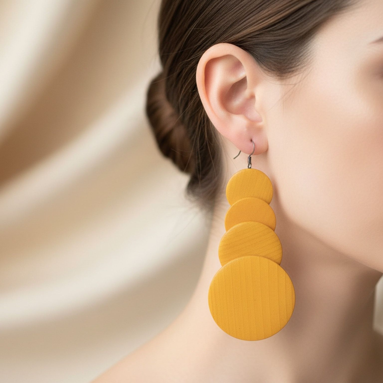 Other Vintage Yellow Wooden Disc Drop Earrings 4” Boho Statement Size ONE SIZE - 2 Thumbnail