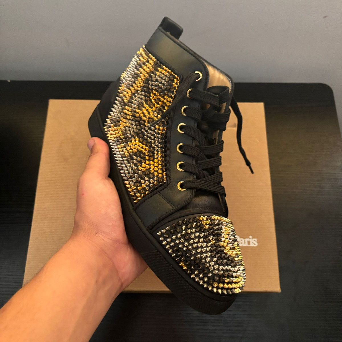ルブタン/DORISPIKY BLACK 34 Christian Louboutin Black High Top Sneakers Gold Spikes