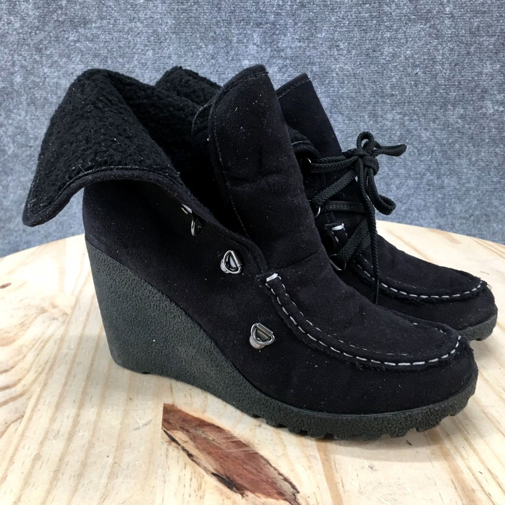 Vintage Unionbay Boots Womens 7.5 M Pike Ankle Booties Lace Up Wedge Heels Black Fabric Size US 8 / IT 38 - 6 Thumbnail