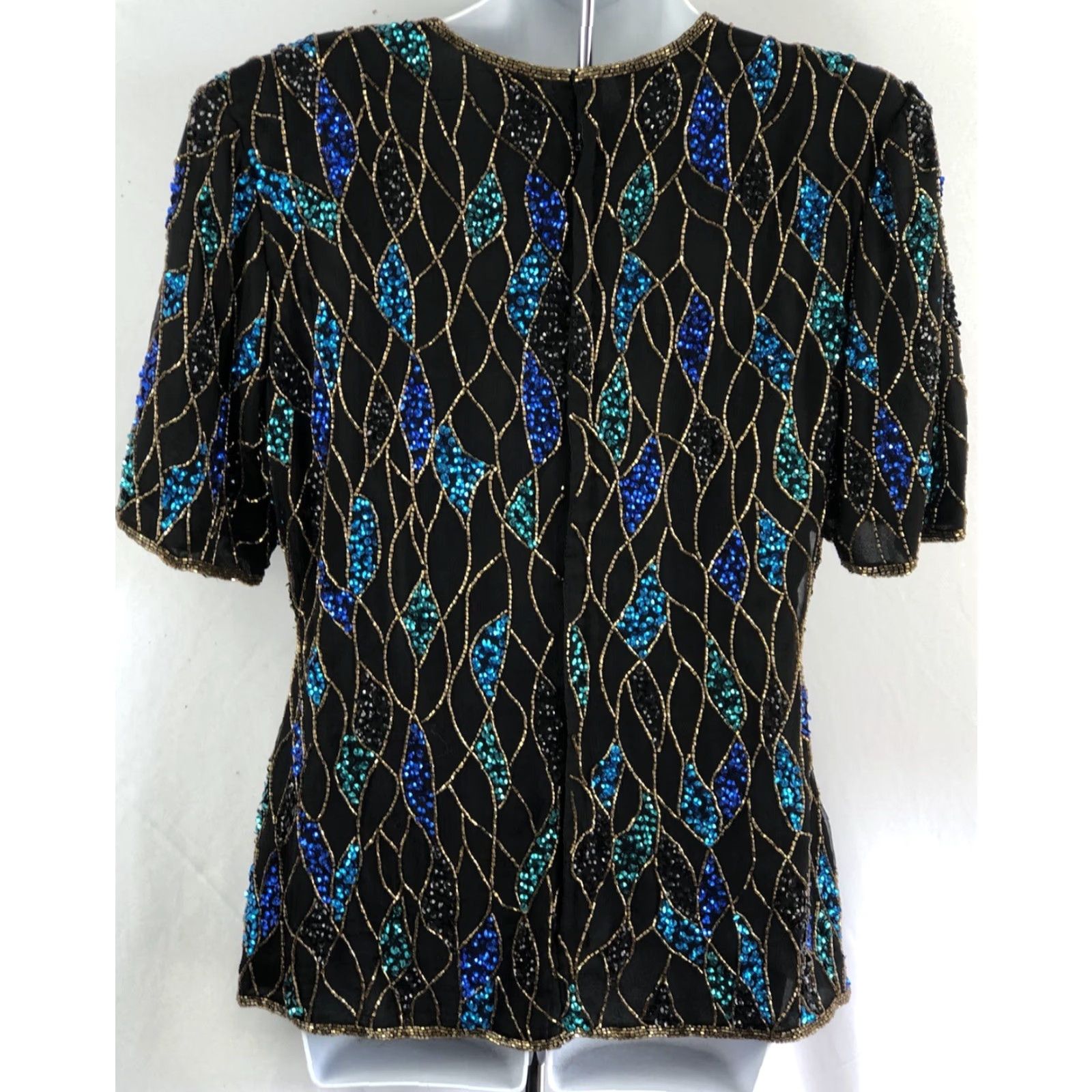 Vintage VINTAGE Scala Blouse 100% Silk Top Beaded Sequin Round Neck Short Sleeve Black Geometric 80s 90s Elegant Women's Petite XS-XL Size L / US 10 / IT 46 - 3 Thumbnail