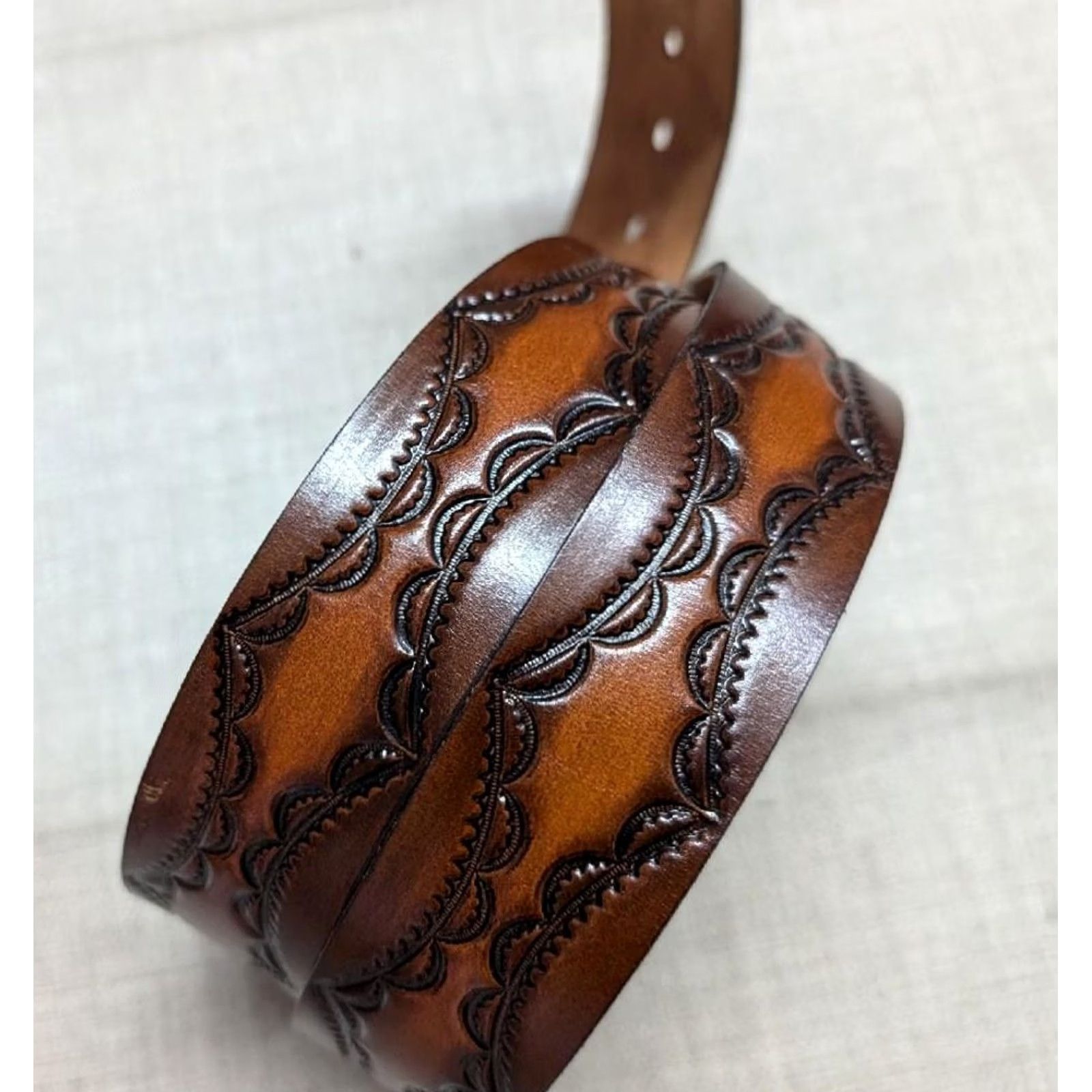 Vintage VINTAGE USA made TOOLED buckle belt western Geometric 38 brown Cowhide leather belt Mens Size 38 - 5 Thumbnail