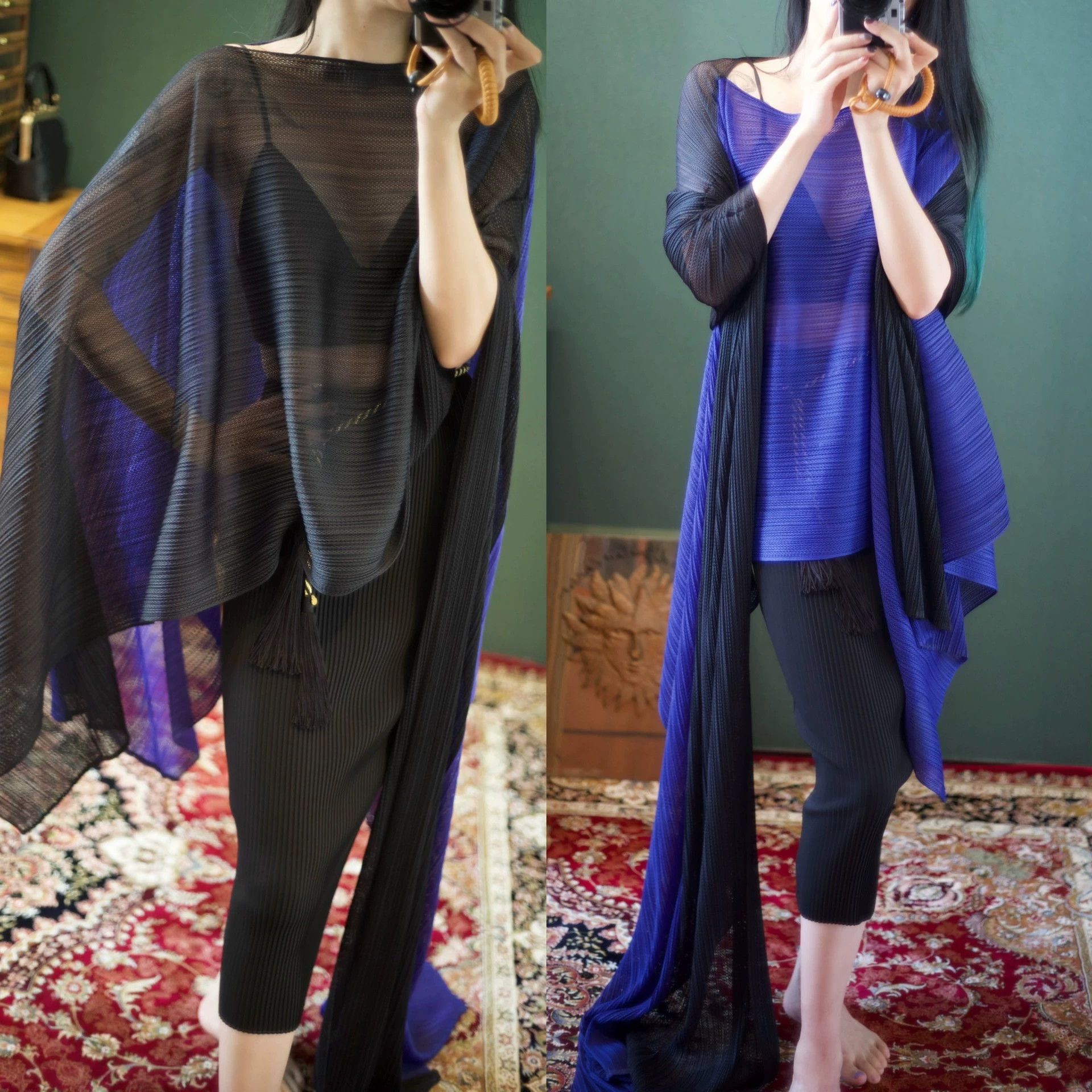 Issey Miyake Issey Miyake PP Black Purple Colorblock Multi-Way Scarf Size ONE SIZE - 5 Thumbnail