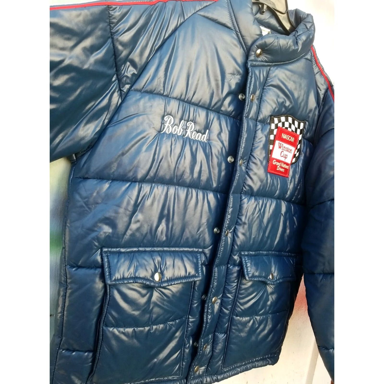 Vintage VTG 80s BOB READ NASCAR LARGE Daytona PROMO Winston Cup RJ Reynolds Jacket coat Mens L Blue Embroidered Patch Zip Snap Quilted Nylon Softshell Vintage Size US L / EU 52-54 / 3 - 2 Thumbnail