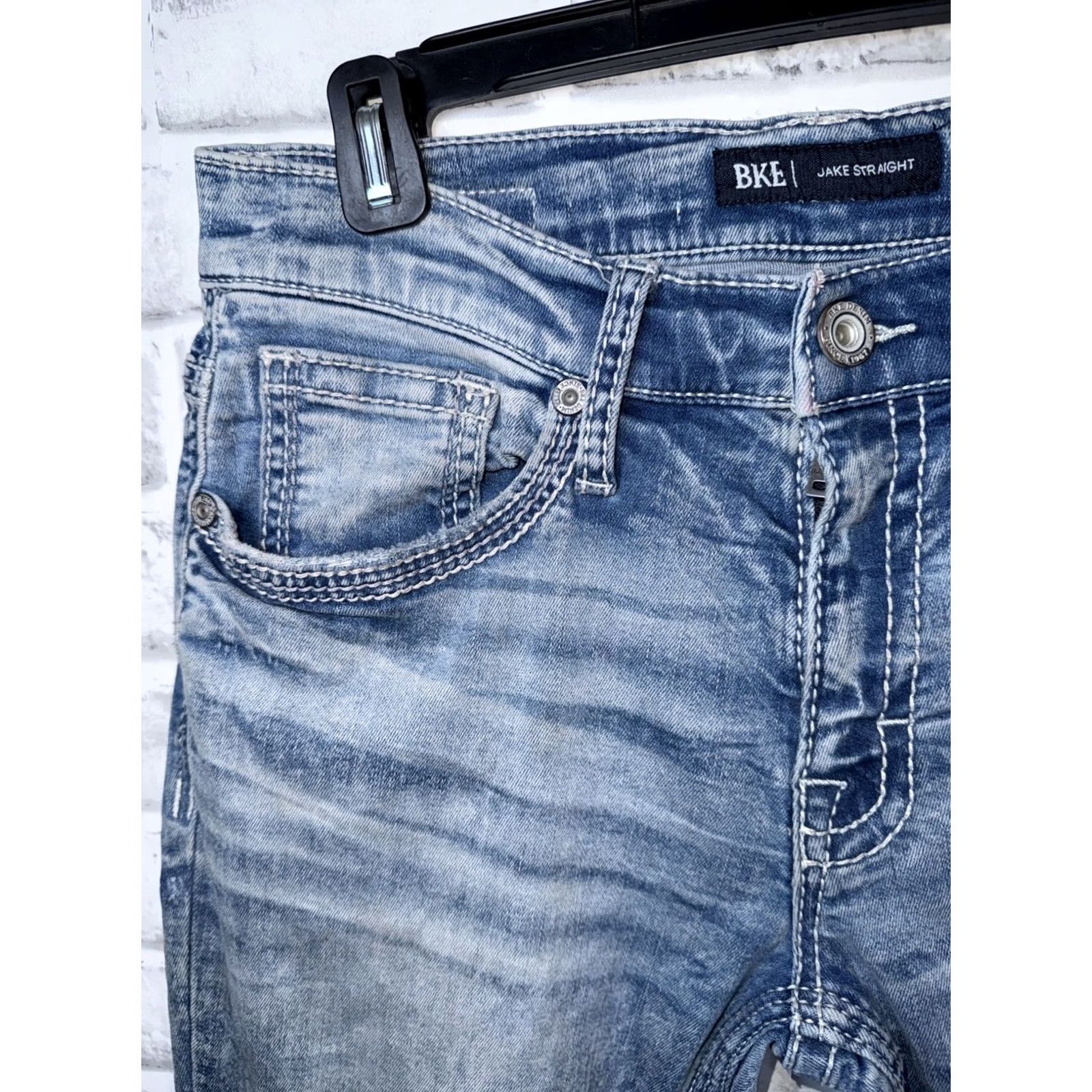 Vintage BKE Buckle Jake Straight Jeans 30x30 Mens Blue Distressed Cotton Blend 5-Pocket Belt Loops Stretch Low Rise Modern Western Size US 30 / EU 46 - 3 Thumbnail