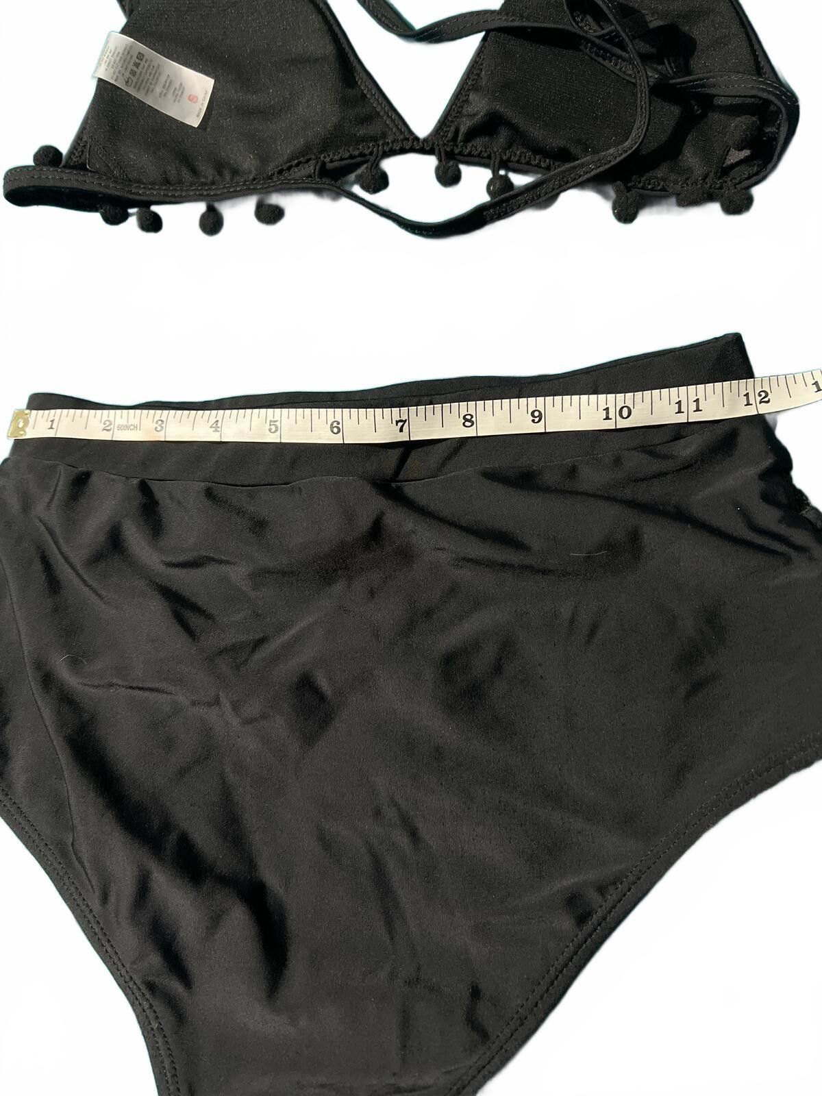 Unknown London Black Two-Piece High-Waisted Bikini Set with Pom Pom Trim Size ONE SIZE - 7 Thumbnail