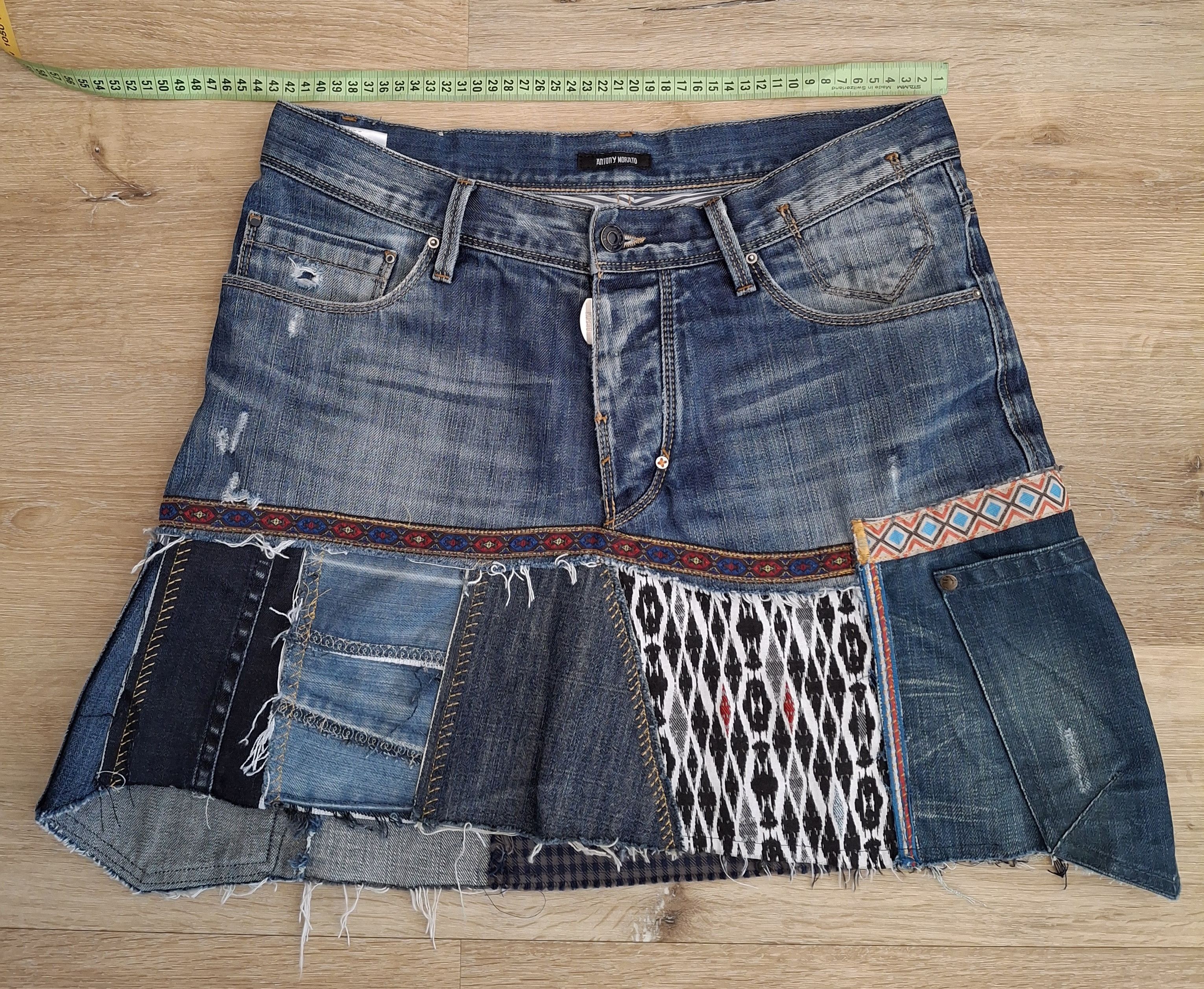 Handmade Custom Deconstructed 2000s Italian Denim Mini Skirt Size 33" - 12 Thumbnail