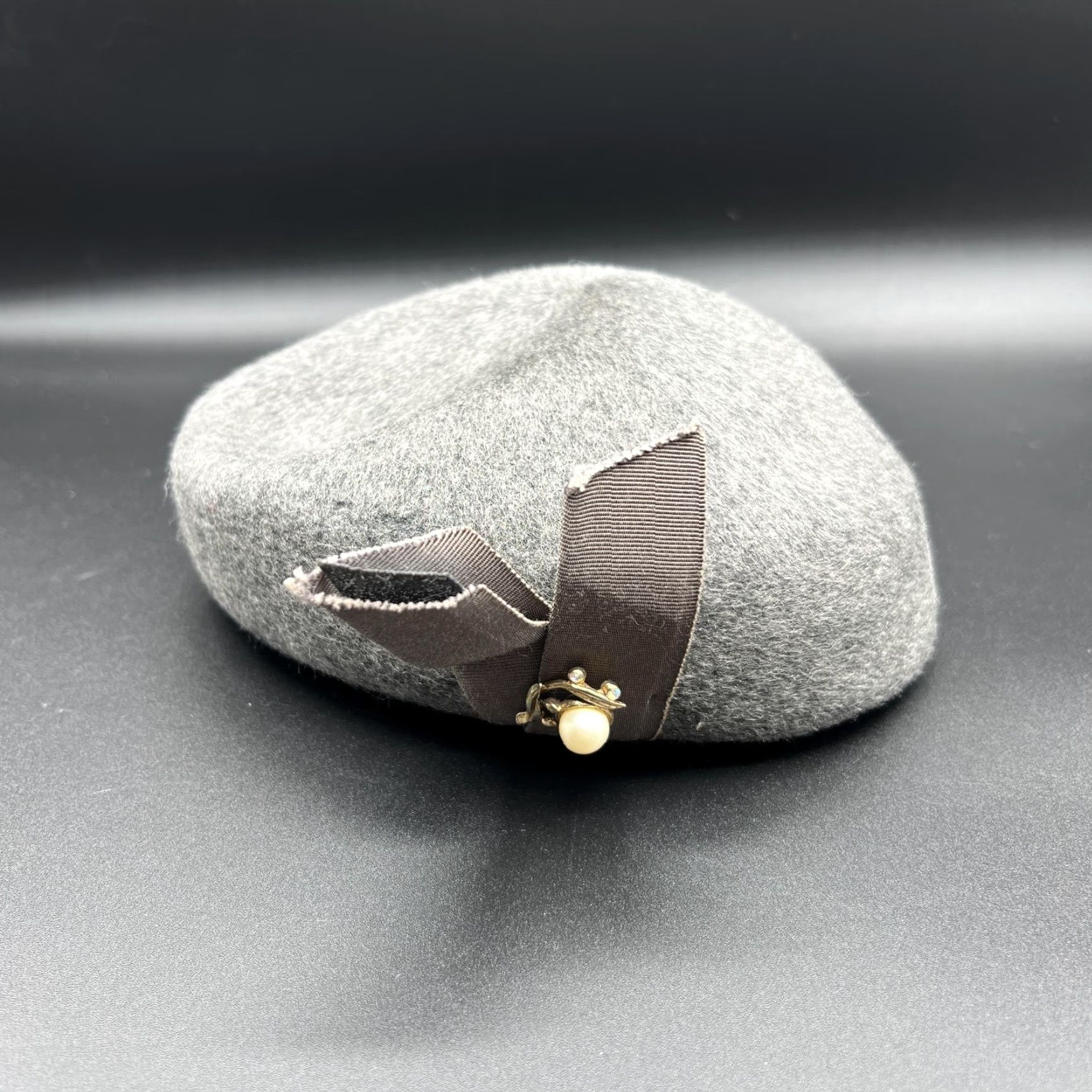 FELT Glenover Hat Womens One Size Gray Wool Felt Beret Bow Pearl Rhinestone Size ONE SIZE - 2 Thumbnail