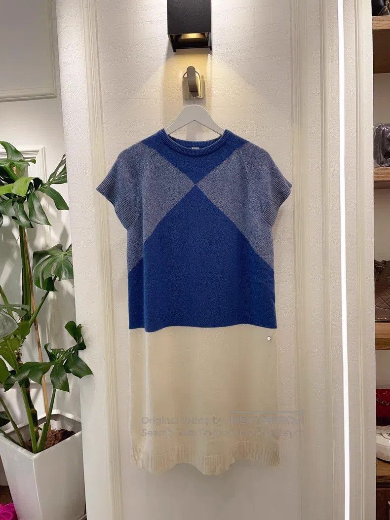 Hermes Hermes Blue and white knitted cashmere long sweater dress Size XS / US 0-2 / IT 36-38 - 1 Thumbnail