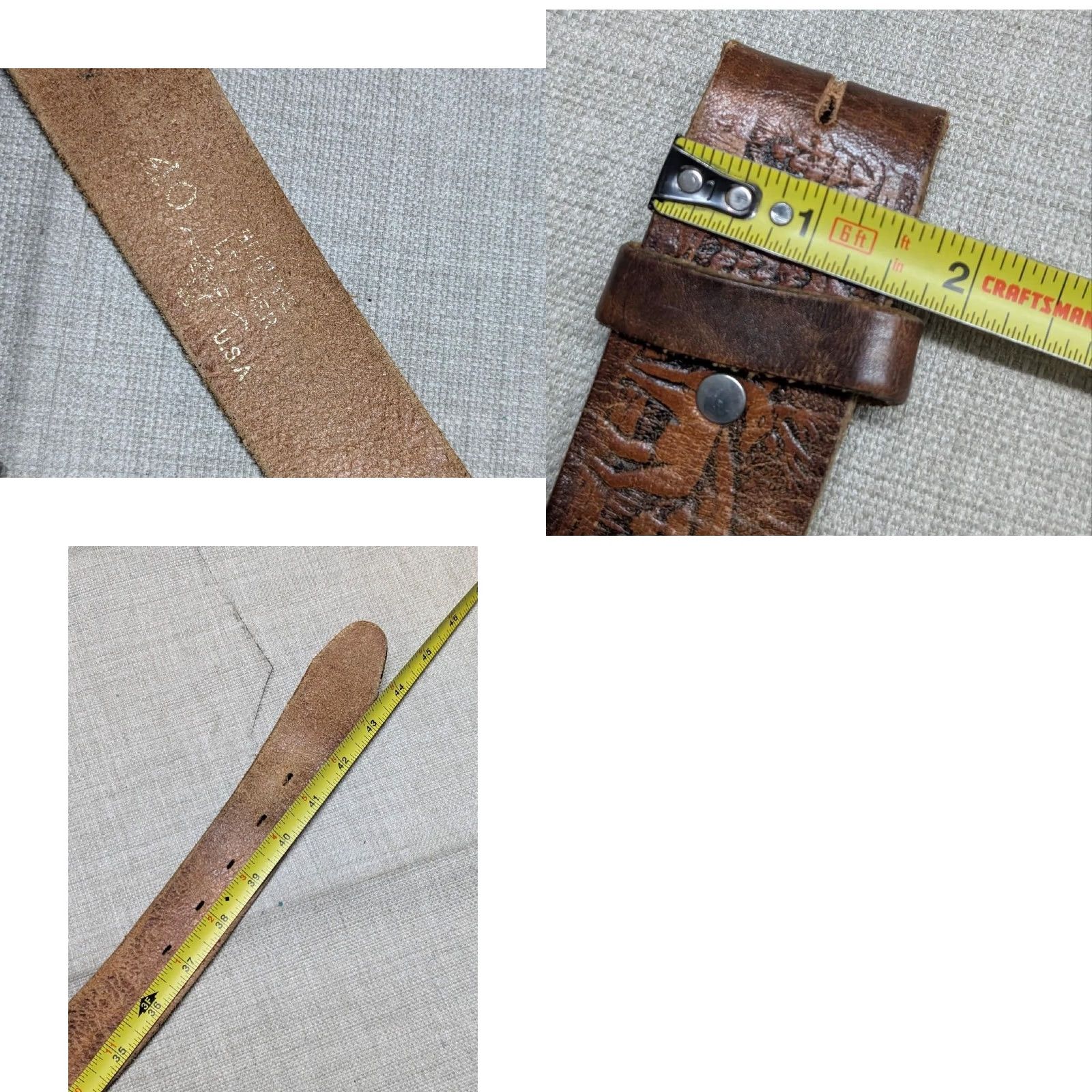 Vintage VINTAGE Handcrafted western belt Tooled cowhide Full Grain Leather 38 1-1/2" brown deer buckle Men Leather Belt USA Made Size 38 - 9 Thumbnail