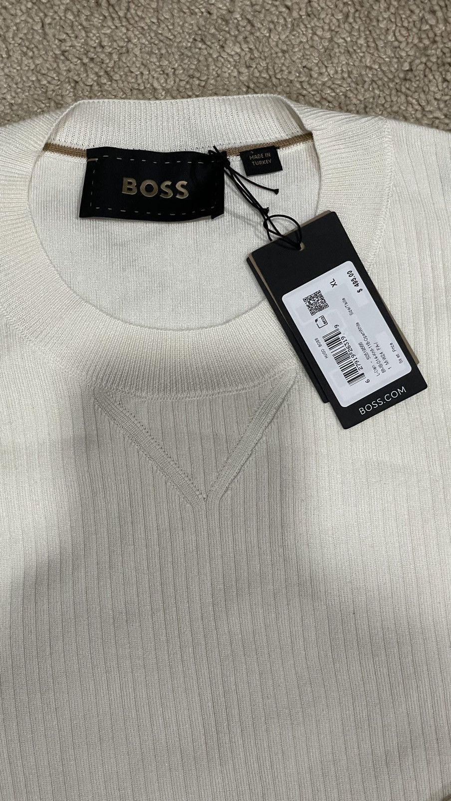 Hugo Boss WHITE BEIGE REGULAR-FIT SWEATER IN SILK AND COTTON XL Size US XL / EU 56 / 4 - 2 Thumbnail