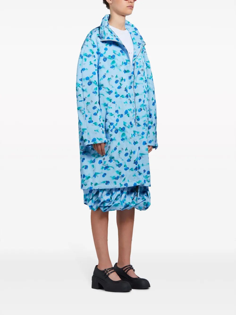 Marni o1w1db10125 Floral Print Ruched Midi Coat in Light Blue Size M / US 6-8 / IT 42-44 - 3 Thumbnail