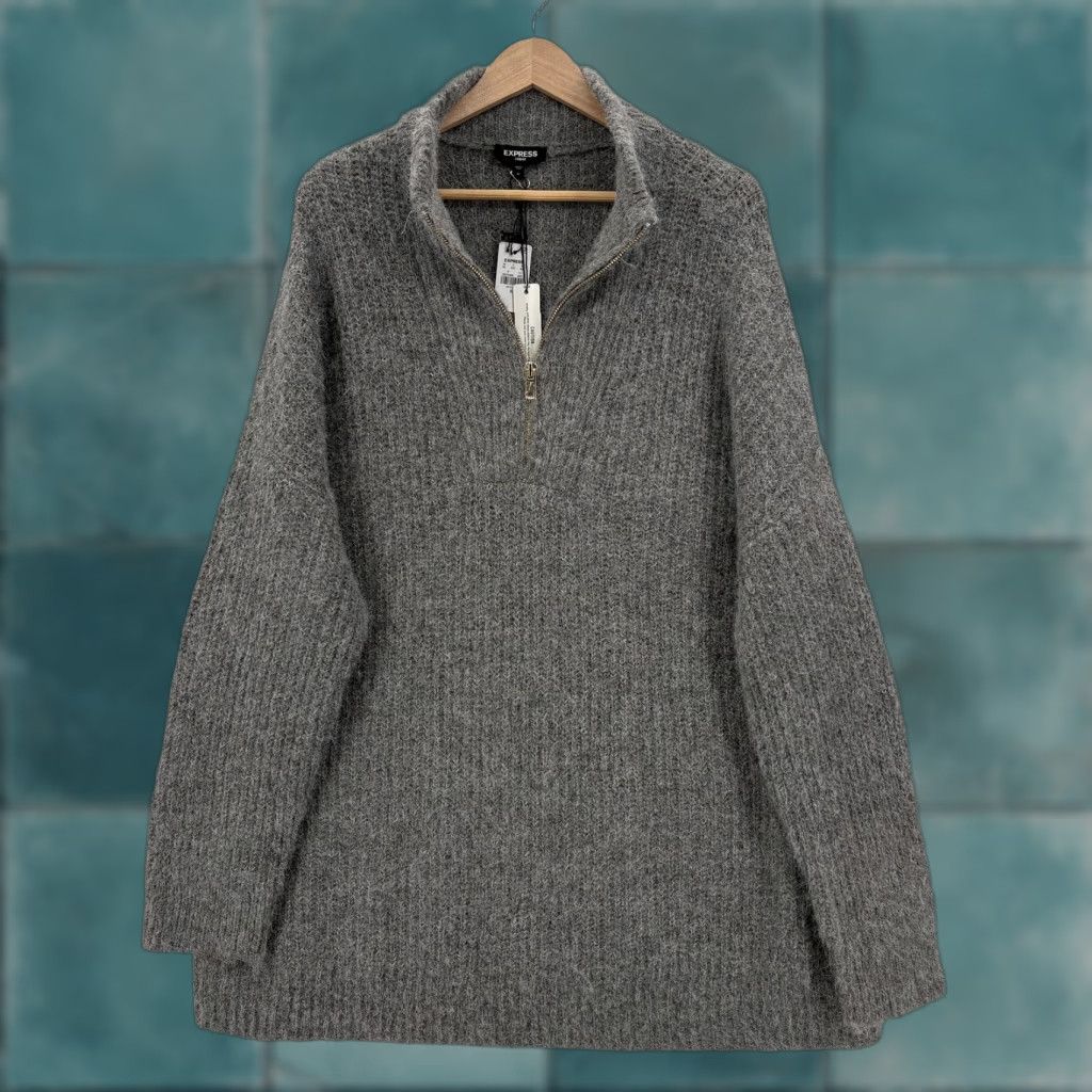 Express Express Sweater Tunic Womens XL Gray Chunky Knit 1/4 Zip Mock Neck Cozy Preppy Size XL / US 12-14 / IT 48-50 - 1 Thumbnail