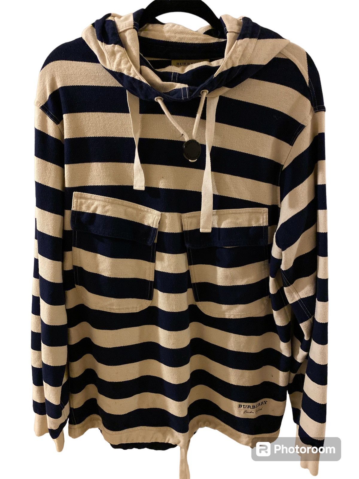 image of Burberry Men’S Striped Hoodie in Navy Cream, Men's (Size Small)