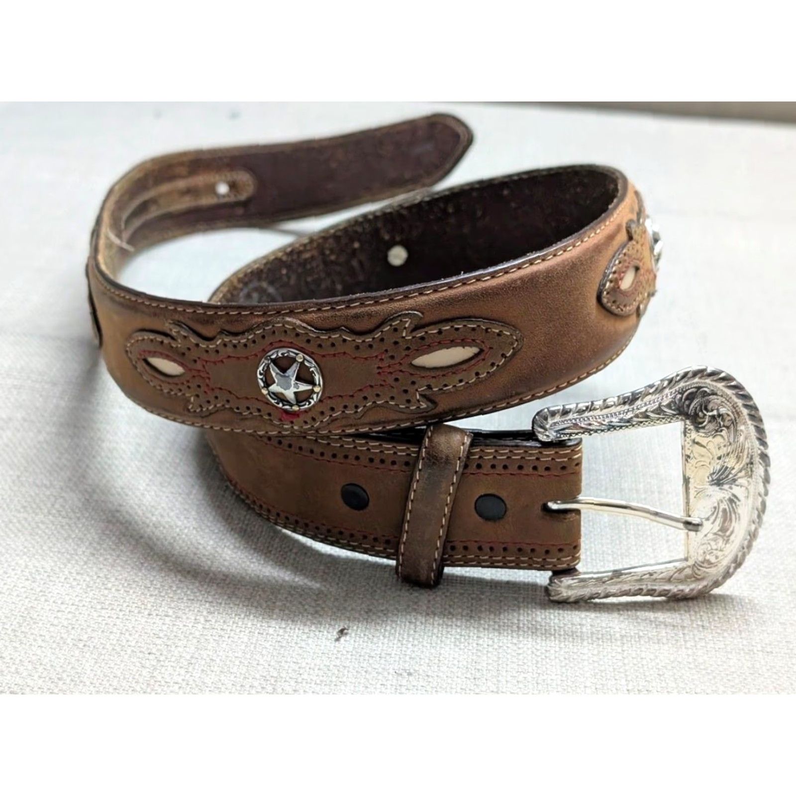 Tony Lama VINTAGE Tony Lama belt Concho western belt 32 brown leather Mens Belt Size 32 - 2 Thumbnail