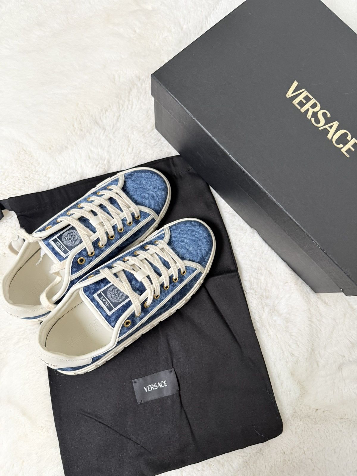Versace Versace Baroque Denim Greek Key Sneakers – Blue/Off White Size US 7.5 / EU 40-41 - 1 Thumbnail