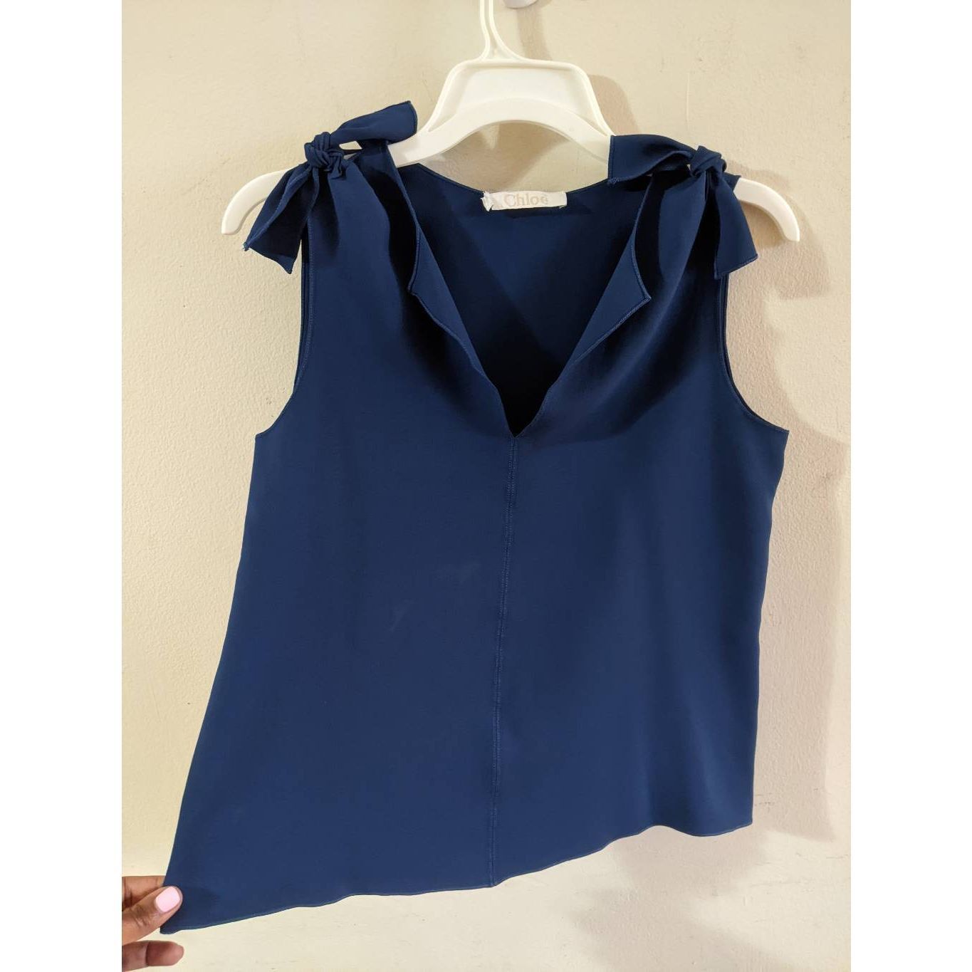 Chloe Chloé Navy Blue Sleeveless Blouse V-Neck Tie Shoulder Elegan Size XS / US 0-2 / IT 36-38 - 6 Thumbnail