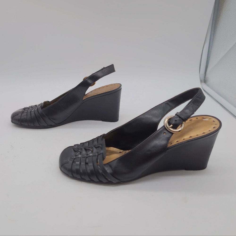Bcbgmaxazria BCBG Girls Sz 7 Elegant Black Leather Wedge Sandals Slingba Size US 7 / IT 37 - 4 Thumbnail