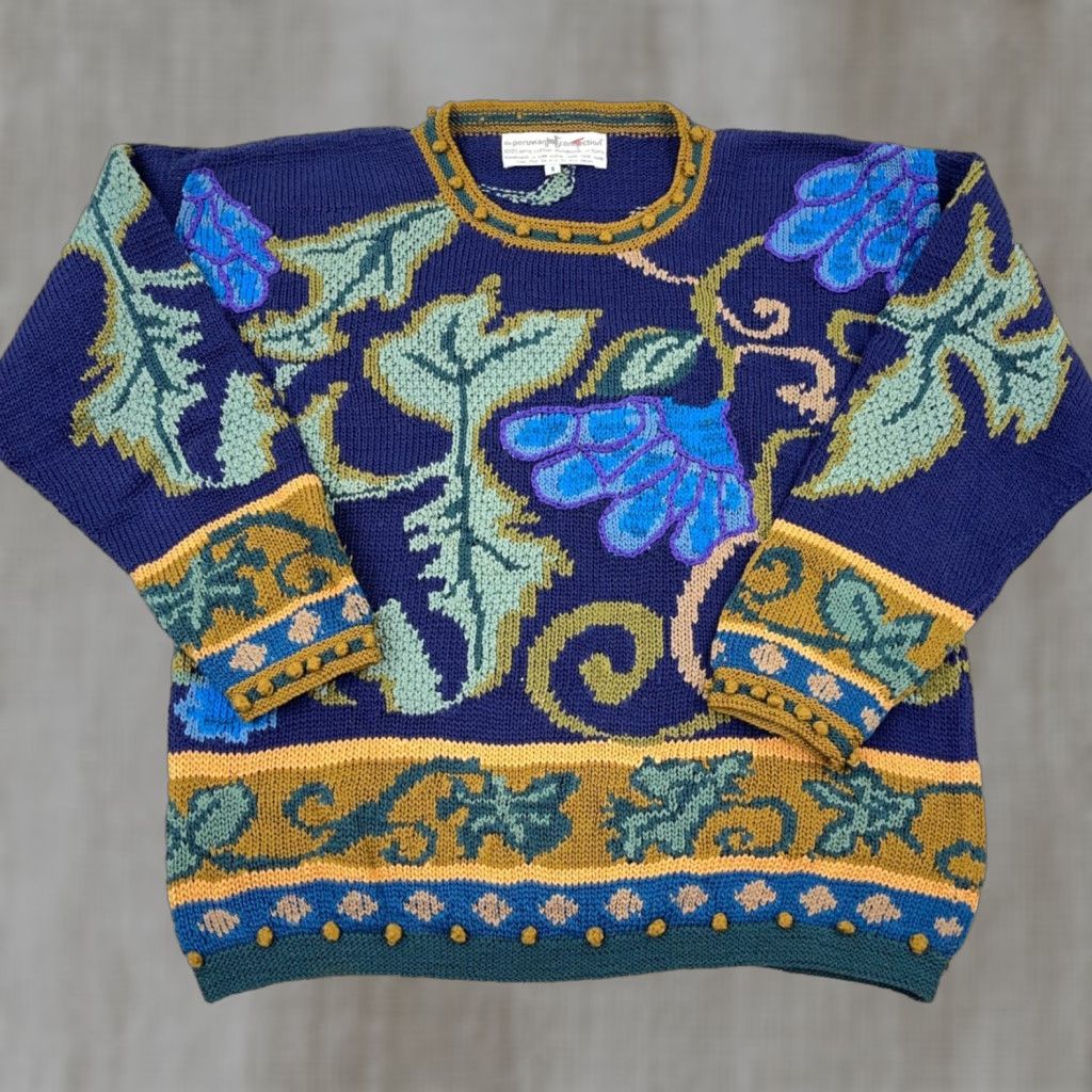 VINTAGE Peruvian Connection Sweater Shirt Women L Blue 90s Geometric Knit Heavyweight Pullover