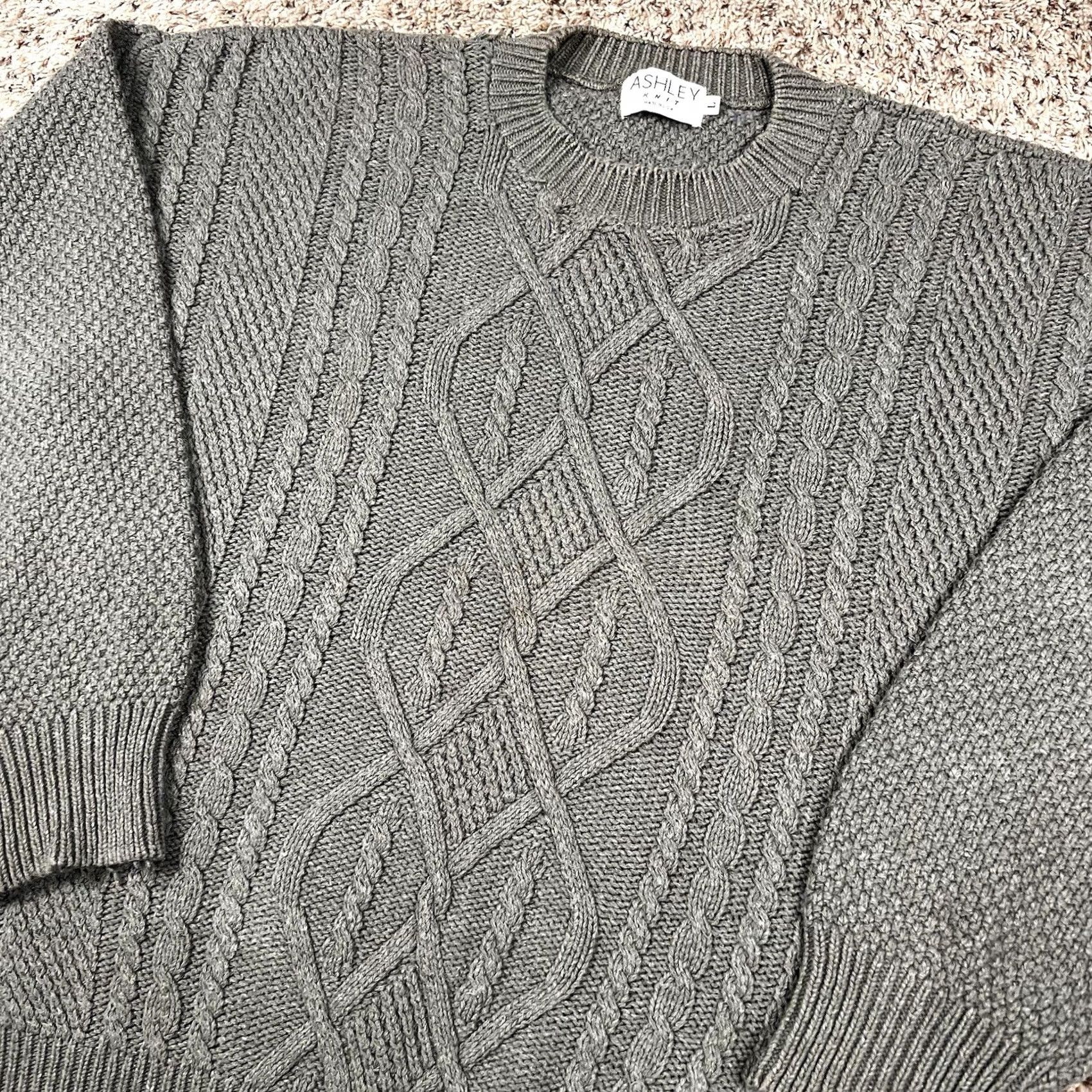 Vintage VINTAGE Ashley Cable Knit Sweater Large Green 90s Womens Pullover Crew Neck Long Sleeve Heavyweight Cotton Acrylic Knit Style Fall Winter Womens Size L / US 10 / IT 46 - 4 Thumbnail