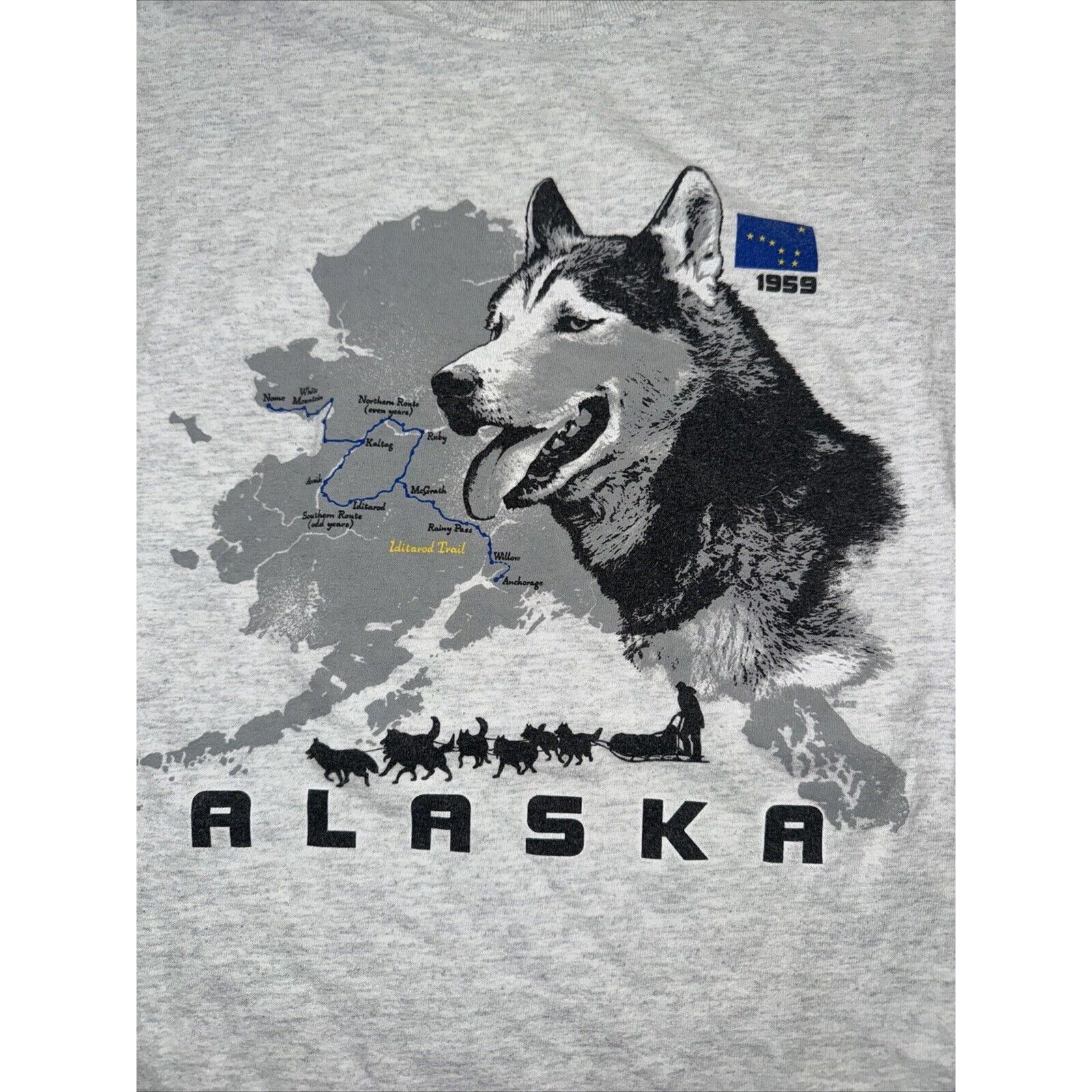 Gildan × The Mountain × Vintage Vintage Alaska Wolf Husky T-Shirt Gray XL 22x27 Y2K Size US XL / EU 56 / 4 - 2 Thumbnail