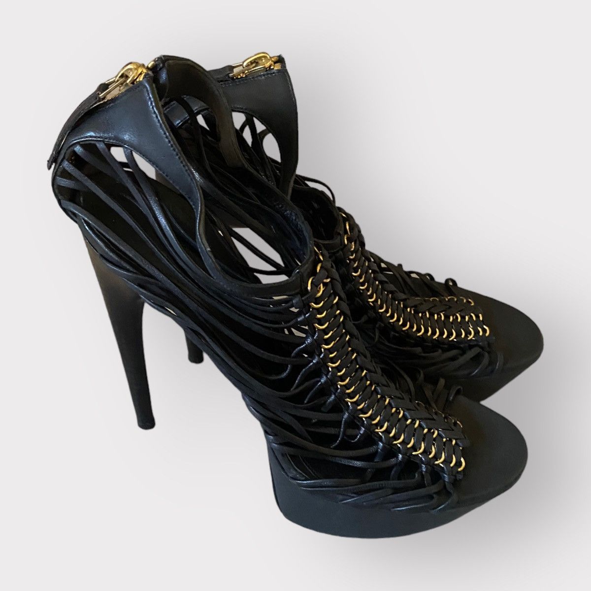 Alexander McQueen strappy platform black leather w/gold tone stiletto heels Size US 9 / IT 39 - 3 Thumbnail