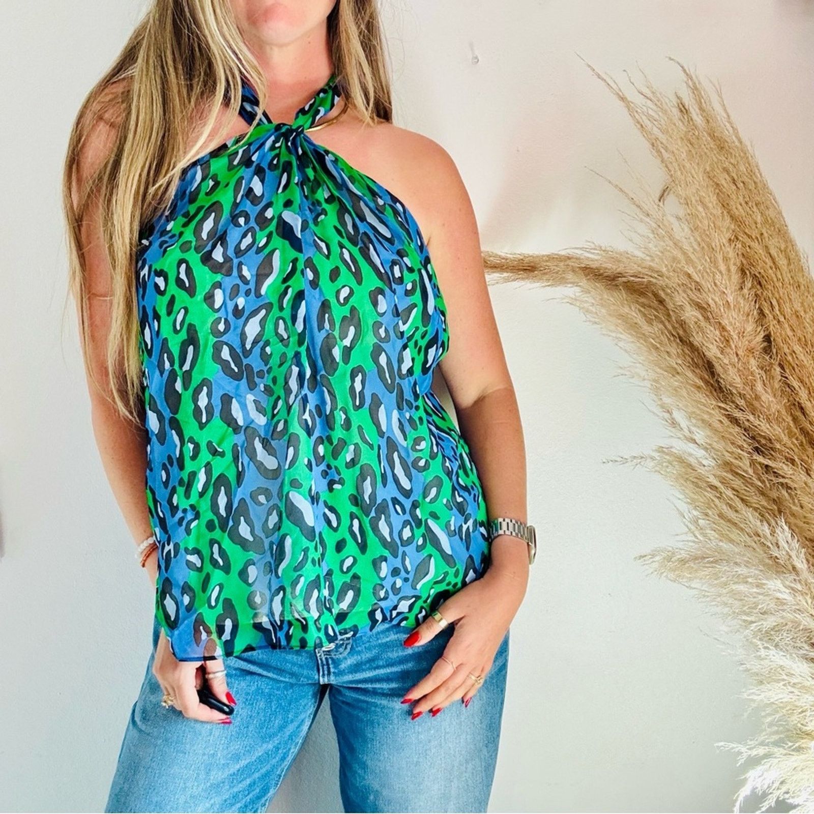 Vintage VINTAGE Blue Green Black Silk Halter Tie Tank Top Blouse Size M / US 6-8 / IT 42-44 - 7 Thumbnail
