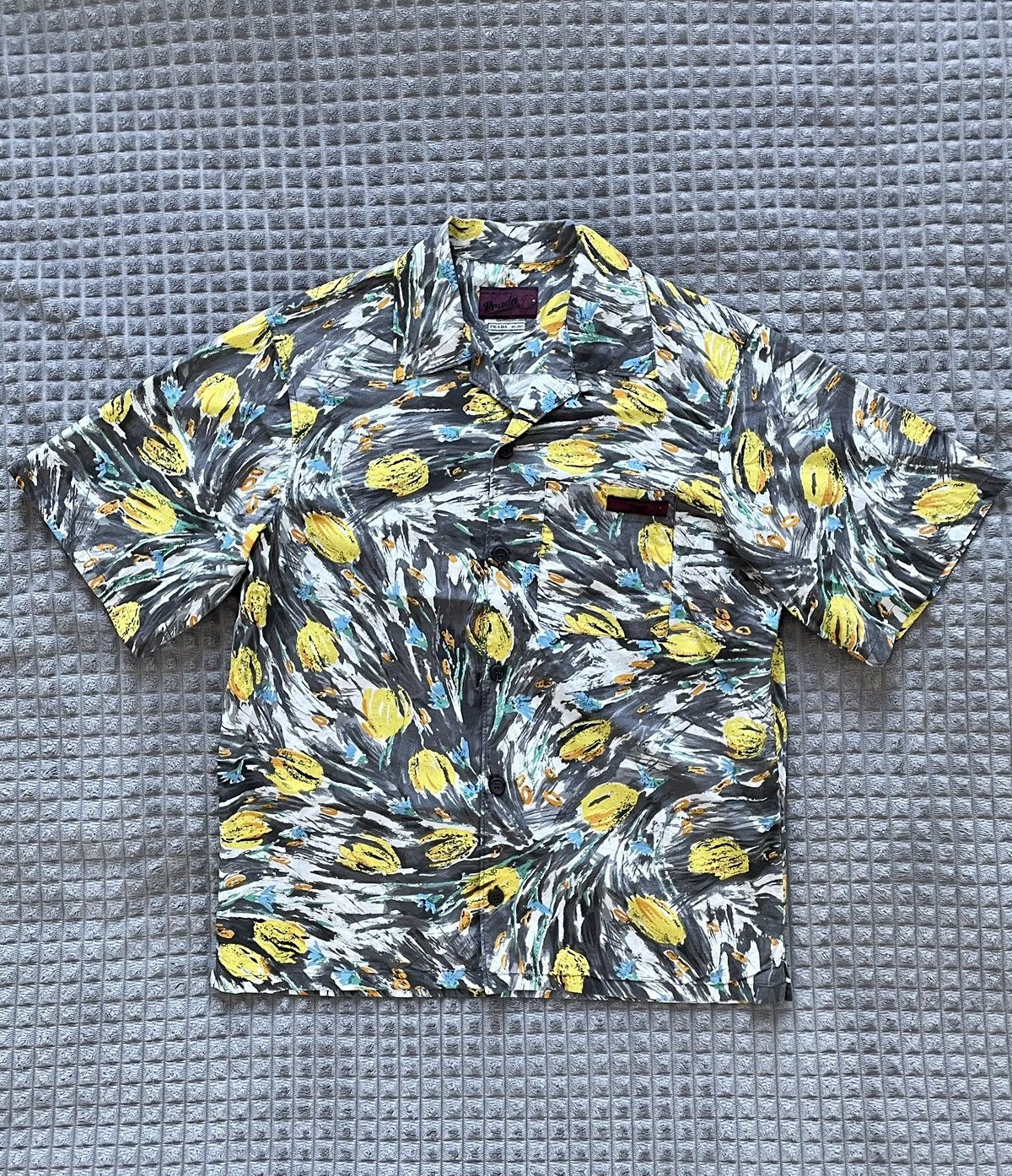 image of Prada Yellow Tulips Flower Pattern Bowling Camp Shirt Size M, Men's