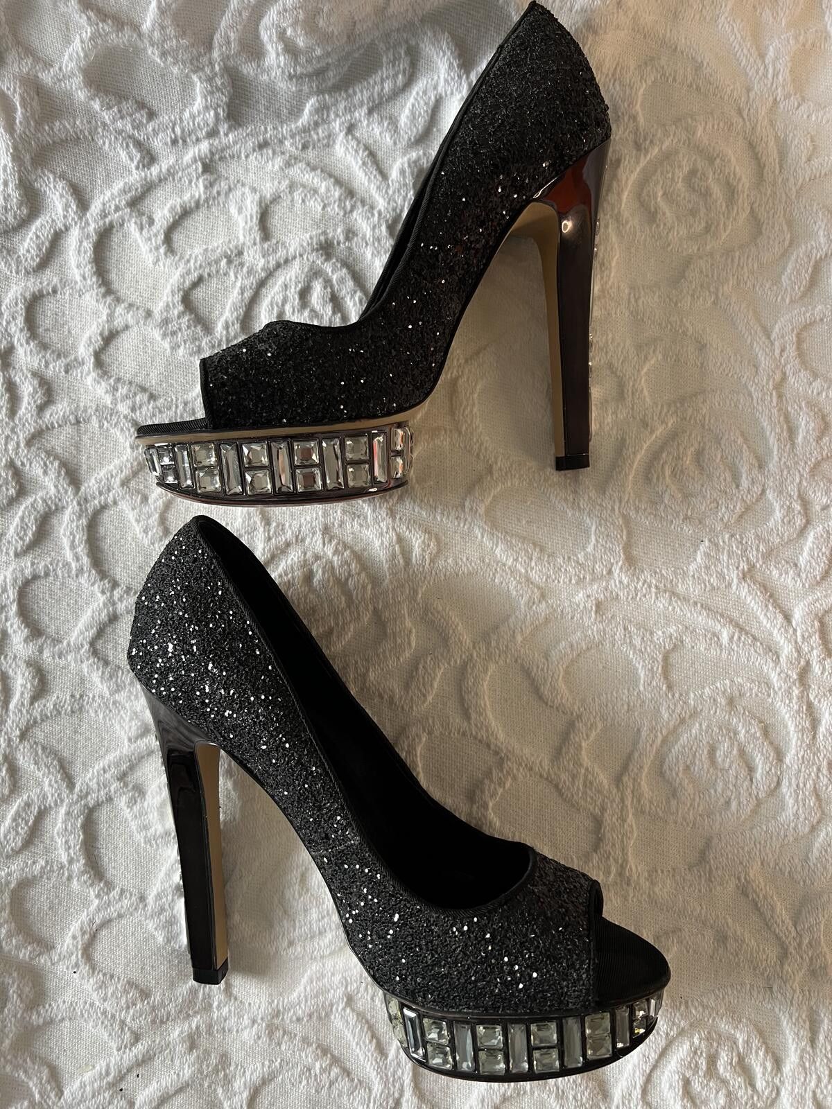 Other Boutique 9 Black Glitter Platform Peep Toe Pumps, Size 7.5 Size US 7.5 / IT 37.5 - 5 Thumbnail