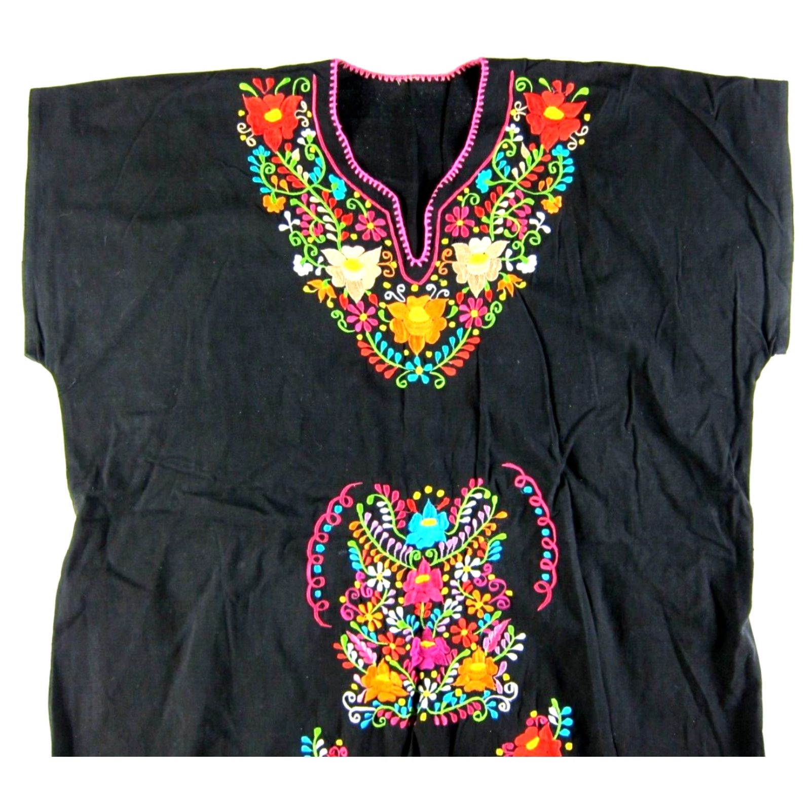 Pinko VINTAGE Mexican Black Pink Blue Green Embroidered V-Neck Smock Peasant Dress 1X Size XL / US 12-14 / IT 48-50 - 3 Thumbnail