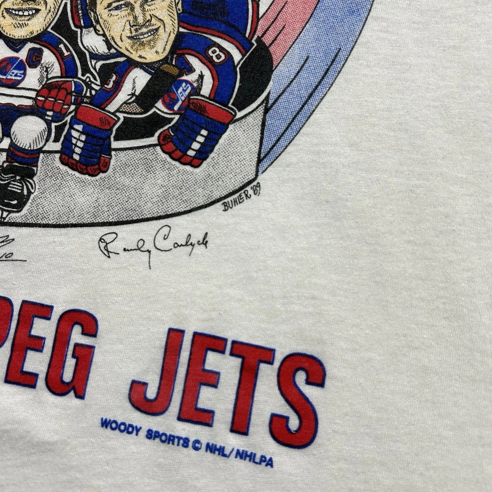 NHL × Vintage WINNIPEG JETS SLAP SHOT CARICATURE T-SHIRT 1989 SIZE XL Size US XL / EU 56 / 4 - 3 Thumbnail