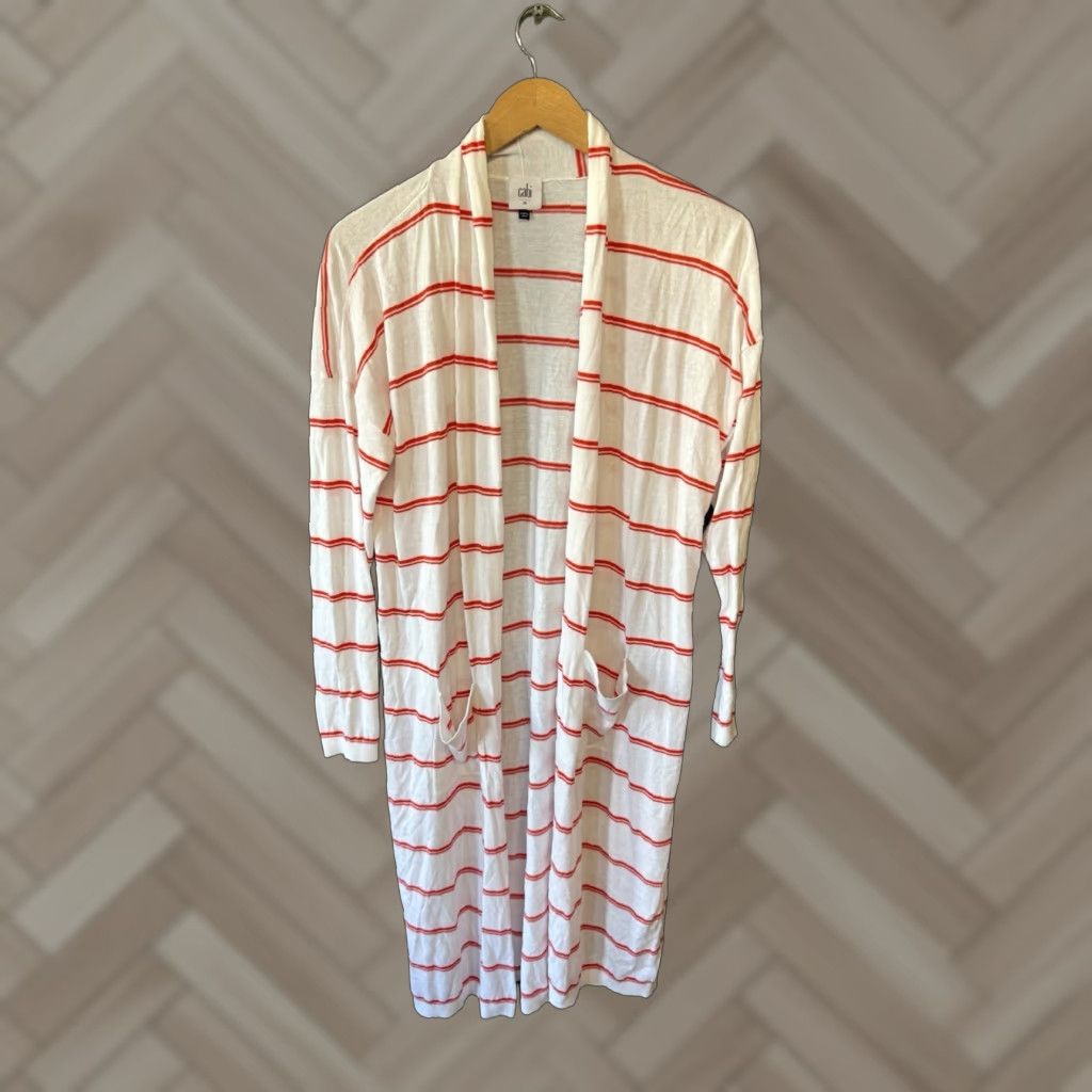 Vintage Cabi White Striped Long Sleeve Open Cardigan Sweater Size M Womens Size M / US 6-8 / IT 42-44 - 1 Thumbnail