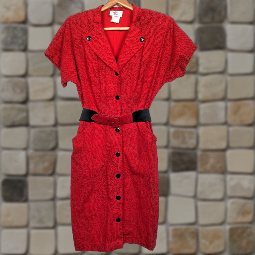 VINTAGE Wild Dress Shirt Dress Women's Size 7/8 Midi Red Cotton