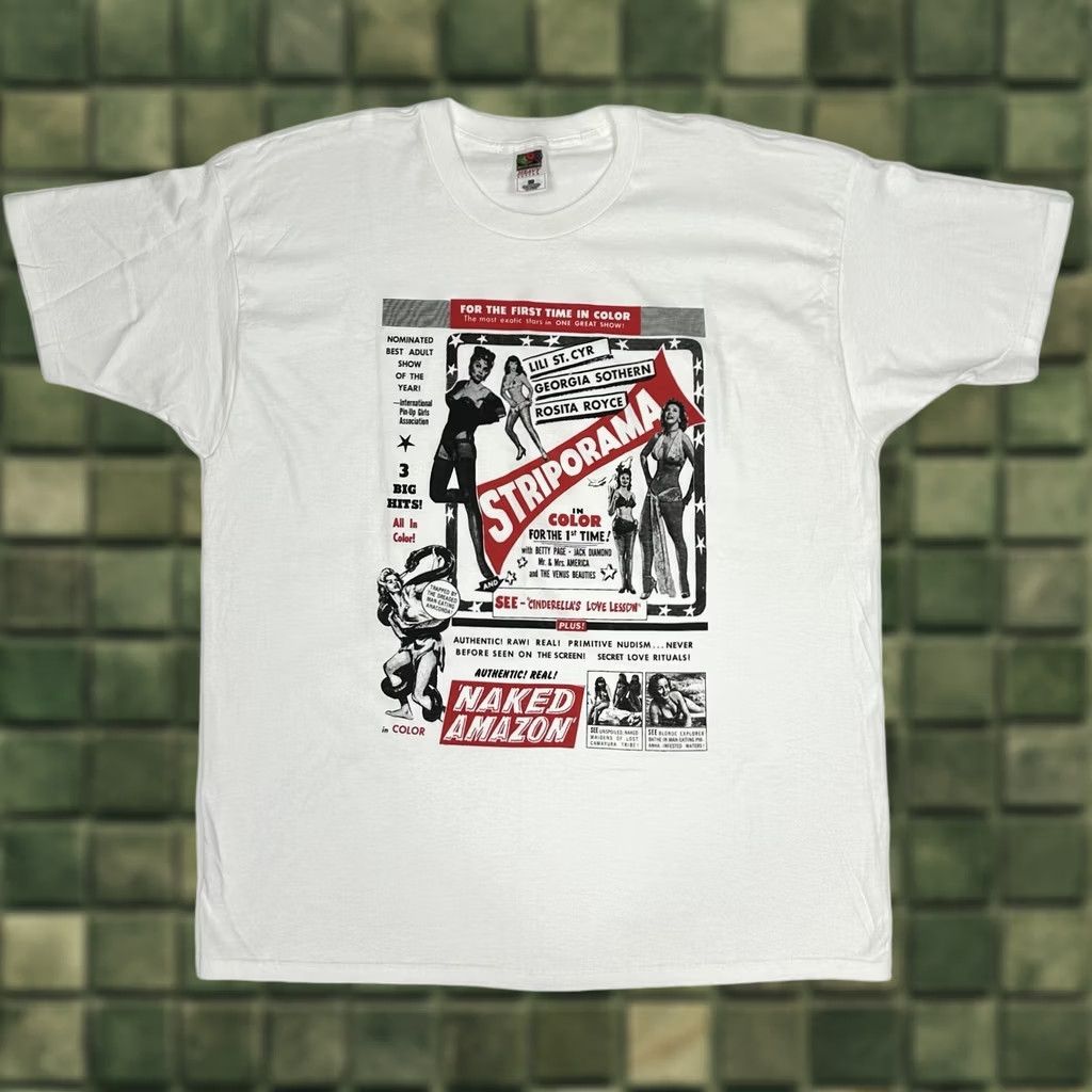 Fruit Of The Loom VINTAGE Striporama Lil St. Cyr Georgia Sothern Rosita Royce Naked Show Tee 3XL Fruit of the Loom White Cotton Mens Size US XXL / EU 58 / 5 - 1 Thumbnail